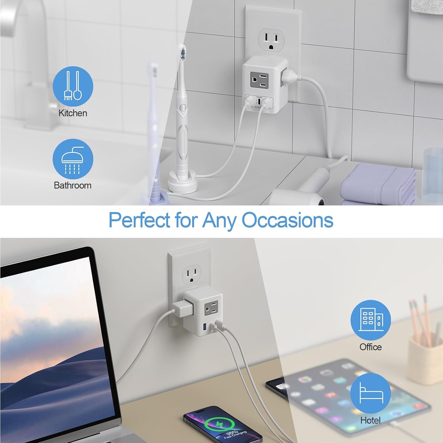 Multi Plug Outlet Extender with Night Light & 20W USB-C Fast Charging - 3 AC Outlets & 3 USB Ports Wall Charger Adapter (No Surge Protection) - Perfect for Cruise Ships, Travel, Home & Office Use - Essential Power Strip for Phones, Laptops & Small Appliances
