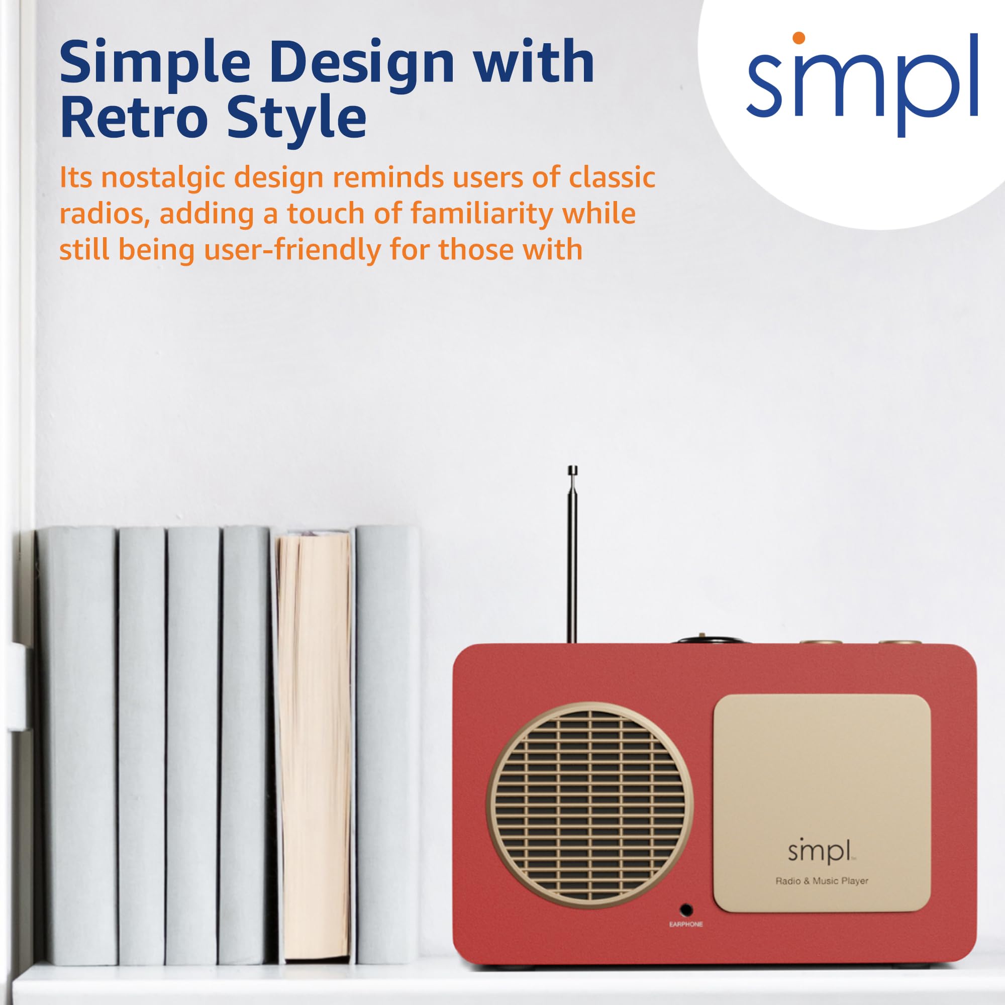 Easy One-Touch Music Player & Radio for Seniors - MP3 Player with Audiobooks, 8GB USB Preloaded with 75 Classic Songs, Durable Wooden Retro Design - Perfect for Elderly Care, Nursing Homes & Memory Therapy (Red)