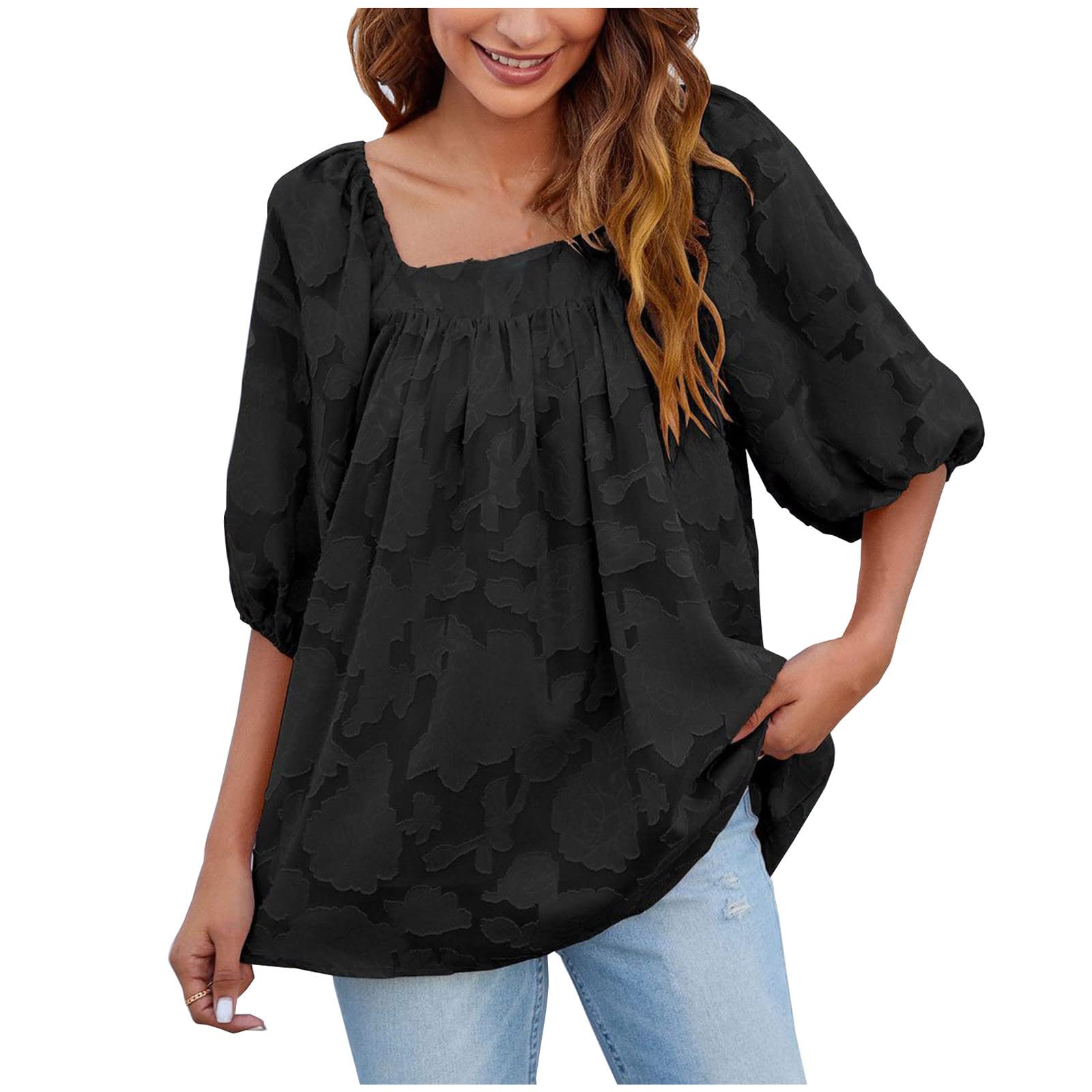 Women's Chiffon Summer Top with Pompom Trim - Square Neck Half Sleeve Blouse for Casual & Dressy Occasions | Flowy Boho T-Shirt for Beach, Vacation & Summer Outings