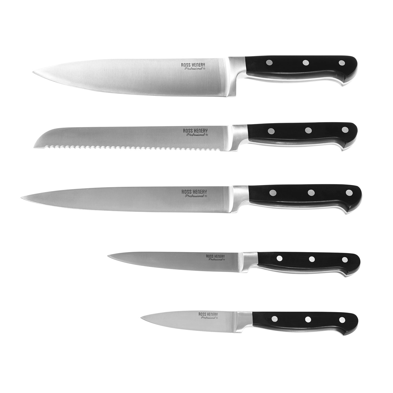 Ross Henry Professional 5-Piece Stainless Steel Kitchen Knife Set with Magnetic Block - Perfect for Home Chefs, Cooking Enthusiasts & Professional Kitchens