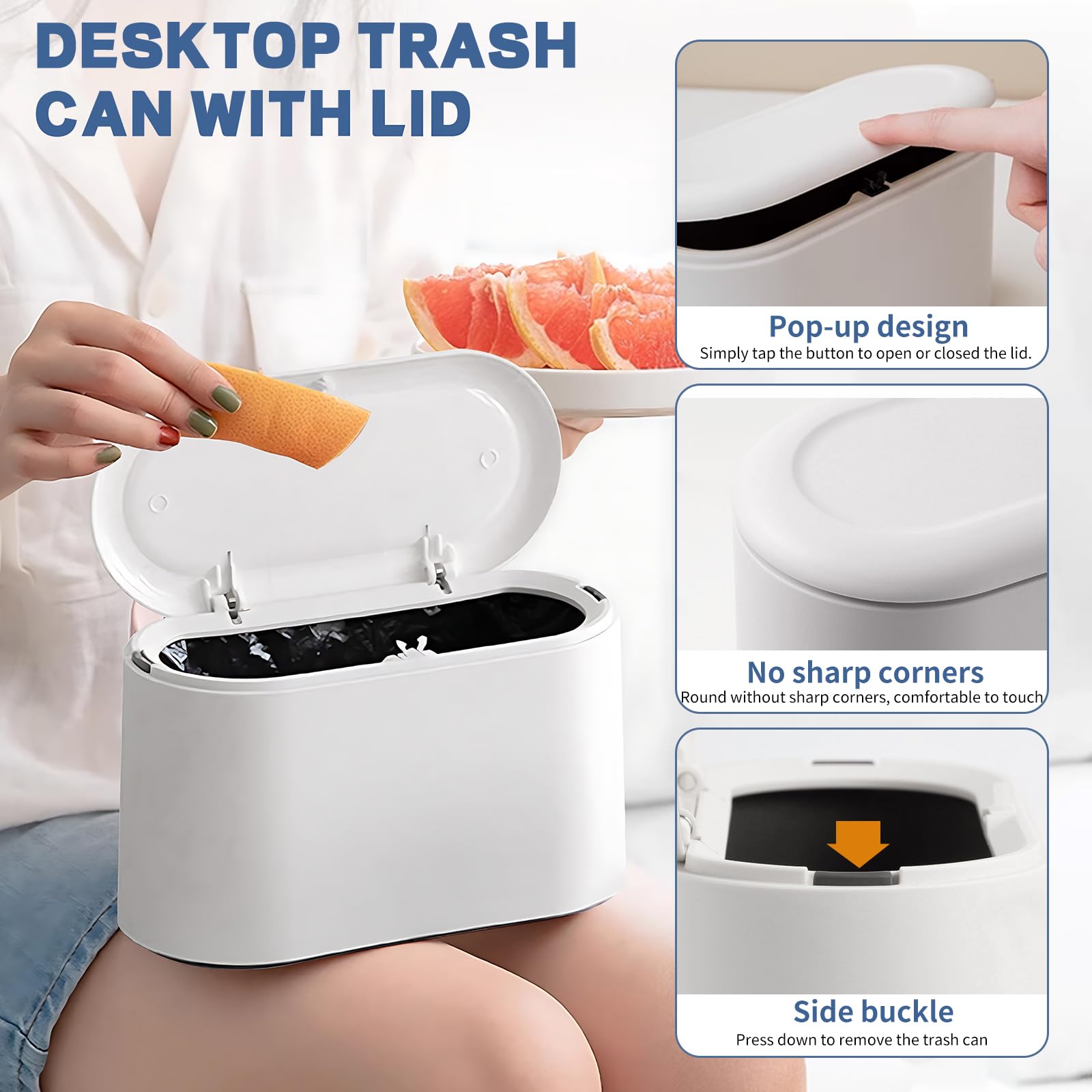 Mini Trash Can with Lid - Small Removable Garbage Bin, Compact Plastic Waste Basket for Bathroom, Office, Kitchen, Desk & Coffee Table | Pop-Up Countertop Lint Bin | Perfect for Home, Office & Travel Use (White)