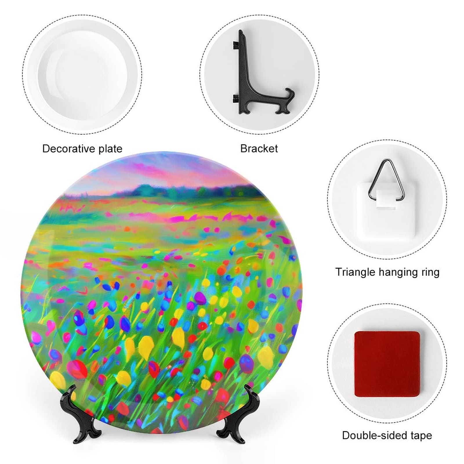 10 Inch Decorative Ceramic Plates with Stand - Wildflower Impressionism Painting Tray for Table Display, Elegant Home Decor for Living Room & Dining Room | Perfect Housewarming Gift for Home & Party Decorations