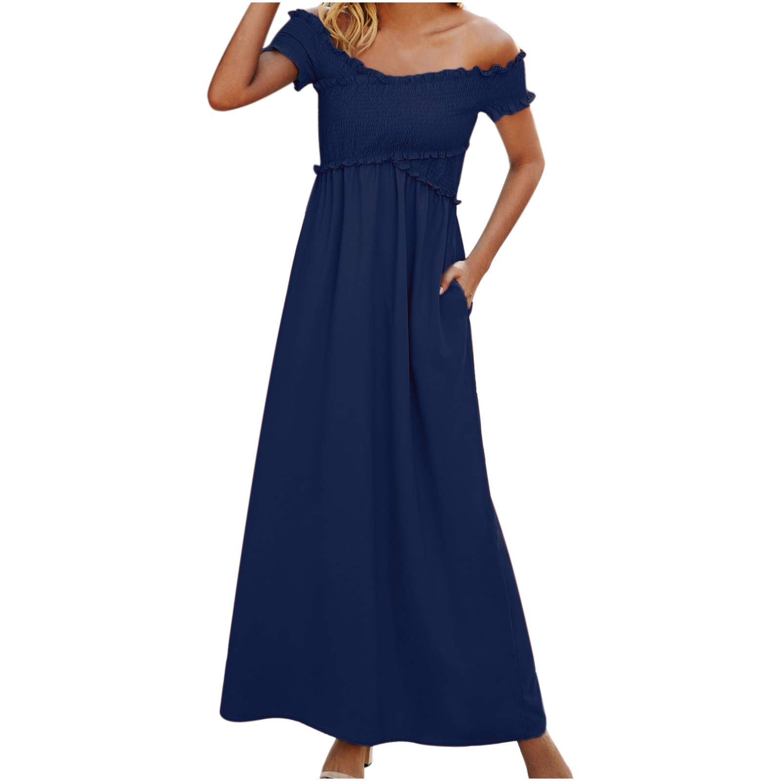 Hesxuno Women's Sexy Off Shoulder Casual Dress - Elegant Solid Color Loose Short Sleeve Summer Shirt for Beach, Party & Date Night Outfits