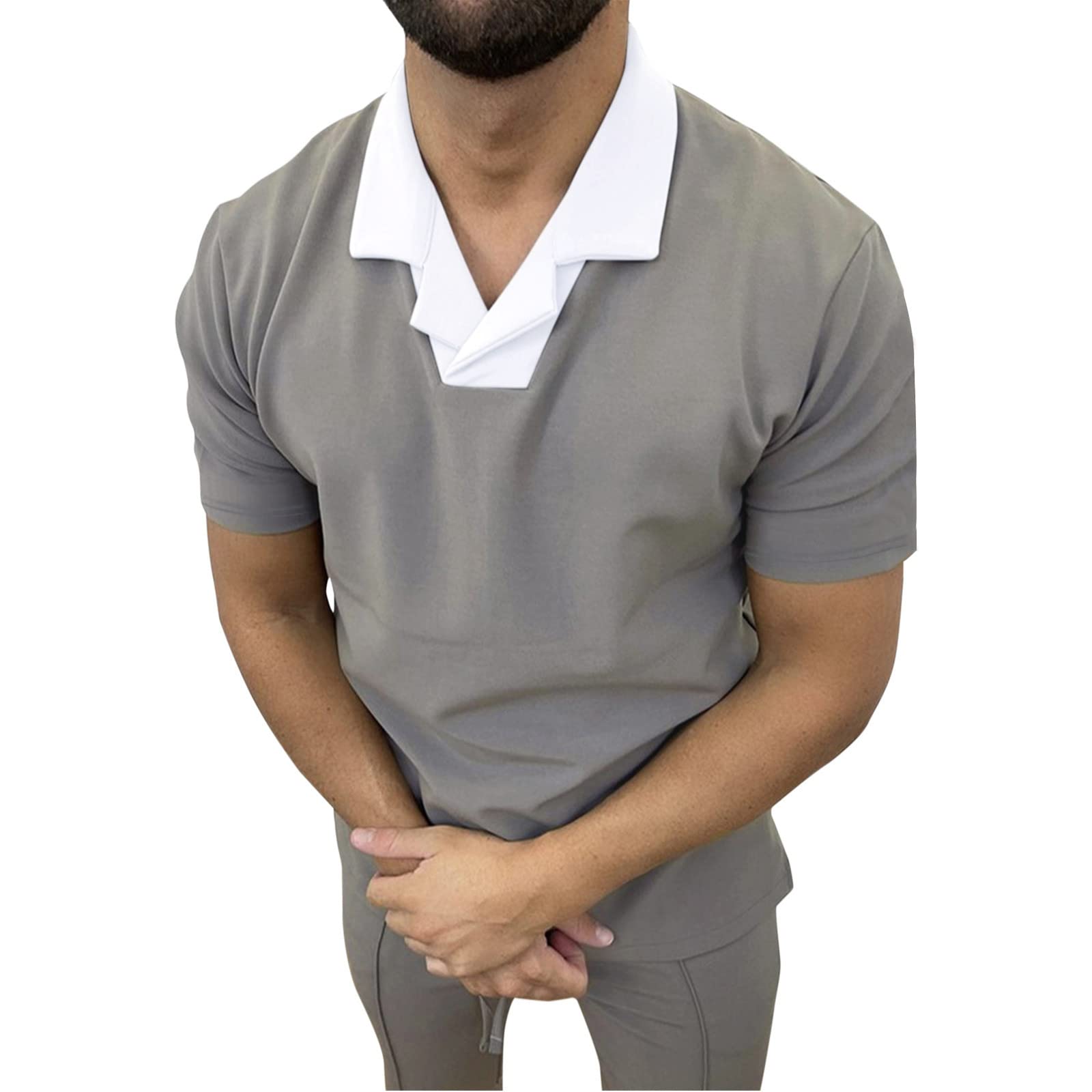 Men's Casual Solid Color T-Shirt with Splice Collar - Breathable Cotton Tee for Everyday Wear, Work & Outings | All-White Shirt for Men