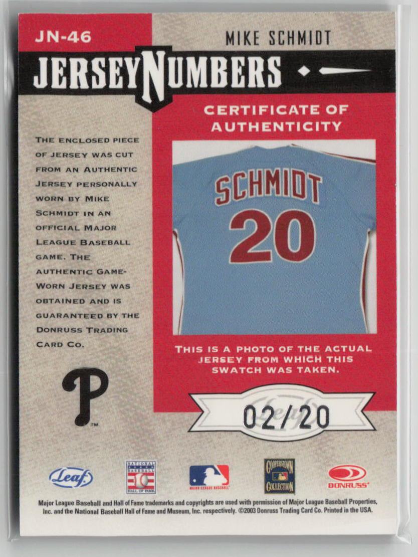 2005 Leaf Limited Mike Schmidt 02/20 Authentic Game Worn Jersey #JN 46 - Rare Baseball Memorabilia for Collectors & Sports Fans - Perfect for Display, Gifting & Investment