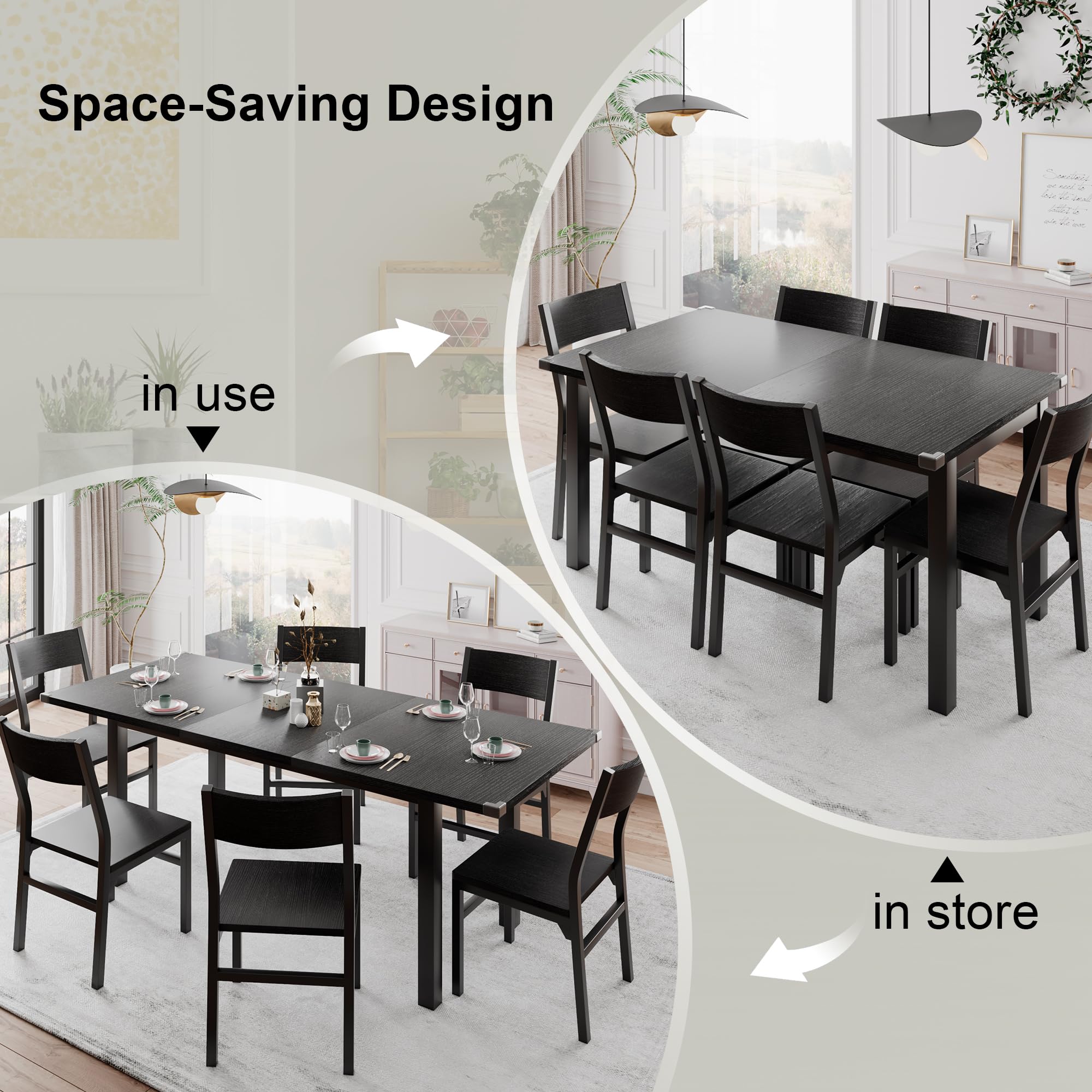 Feonase 63 Inch Extendable Dining Table Set with 6 Chairs - 7-Piece Mid-Century Modern Kitchen Table for Small Spaces, Heavy Duty Metal Frame in Black | Perfect for Apartments, Breakfast Nooks & Compact Dining Areas