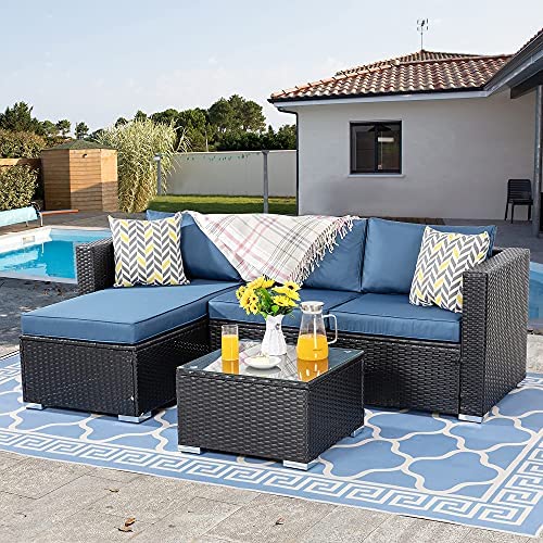 Walsunny 3-Piece Outdoor Patio Furniture Set - All-Weather Wicker Sectional Sofa with Cushions, Aegean Blue - Perfect for Backyard, Garden, Poolside & Patio Relaxation