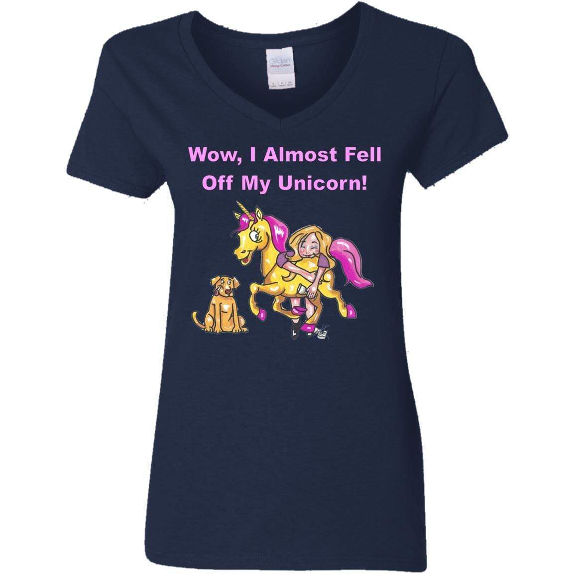 Wow I Almost Fell Off My Unicorn Women's V-Neck T-Shirt | Funny Sarcastic Graphic Tee | Perfect for Birthday Gifts & Girls Night Out