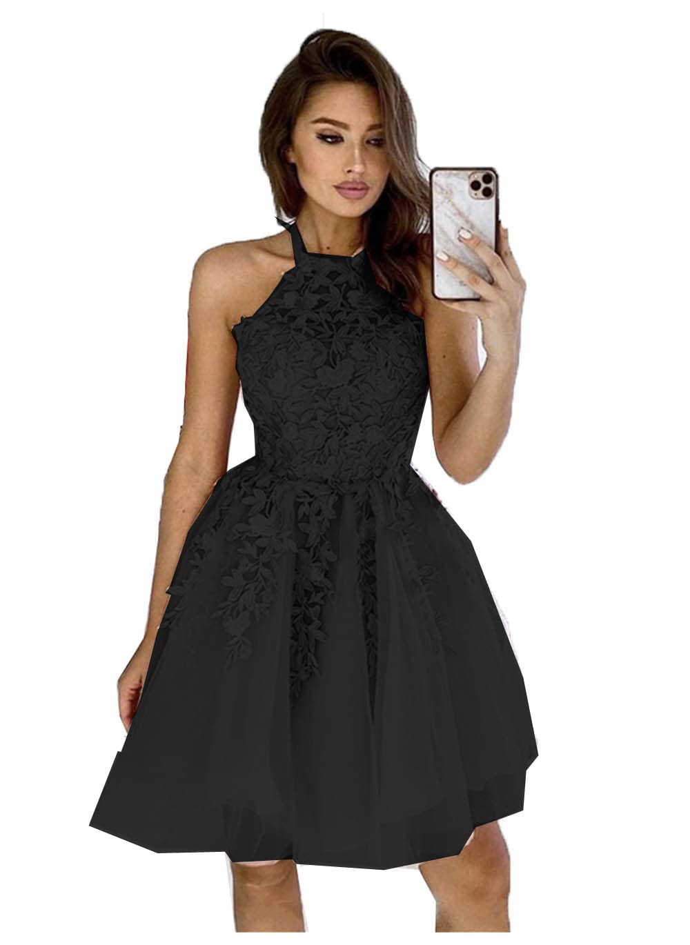 Elegant Halter Neck Lace Applique Homecoming Dress | Short Prom Party Dress for Women | Perfect for Formal Dances, Graduation & Special Occasions