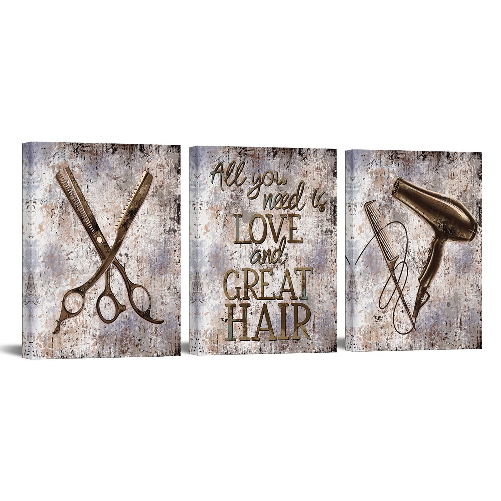 Vintage Barbershop Canvas Wall Art - 3-Panel Framed Hair Salon Tools & Inspirational Quote Painting (12''x16'') Ready to Hang - Perfect for Bathroom, Salon, or Man Cave Decor