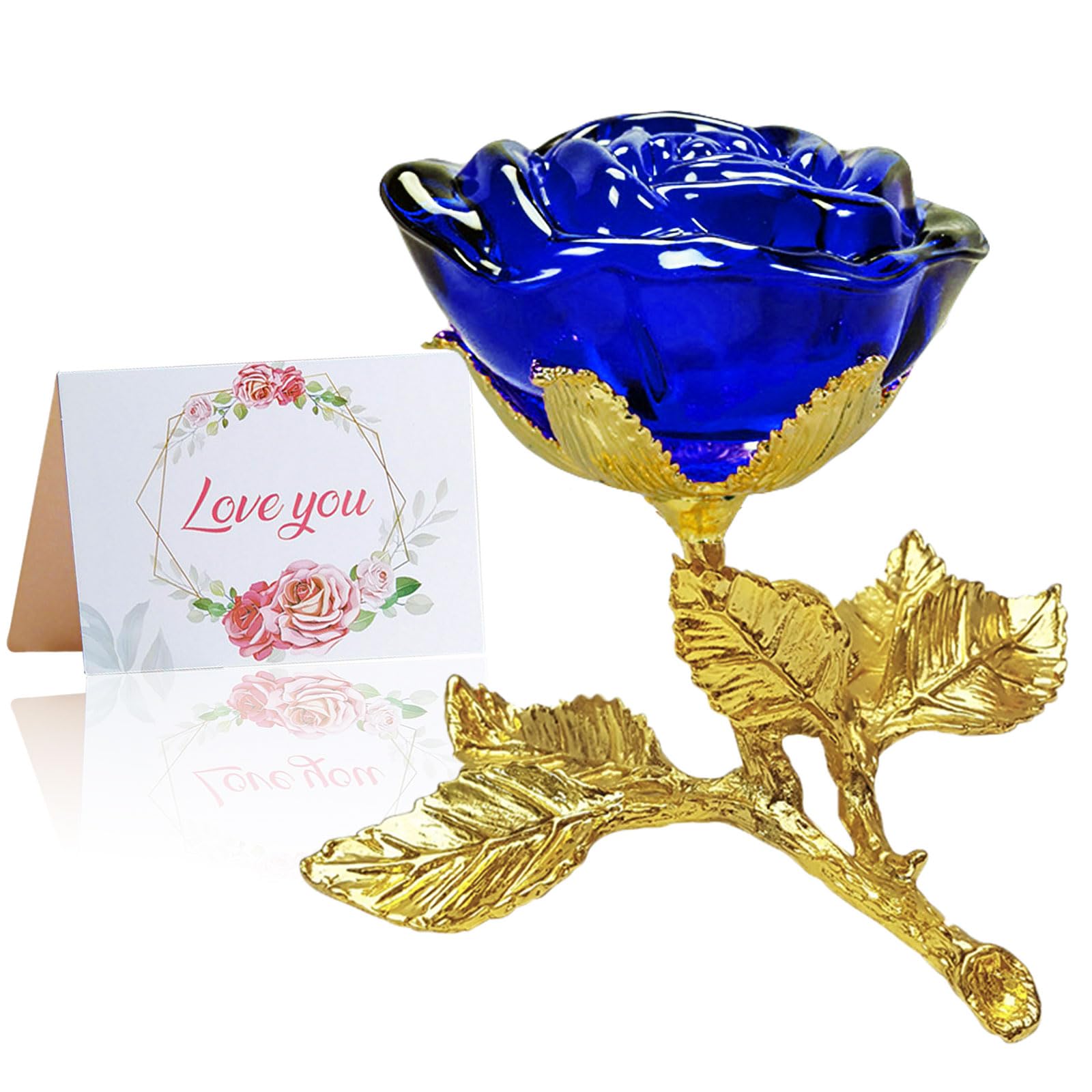 Blue Crystal Rose Gift for Women - Elegant Glass Rose with Golden Leaves, Unique Present for Girlfriend, Wife, Mom | Perfect for Valentine's Day, Mother's Day, Christmas, Birthday, Anniversary | Home Decor, Wedding Centerpiece, Romantic Gift Idea