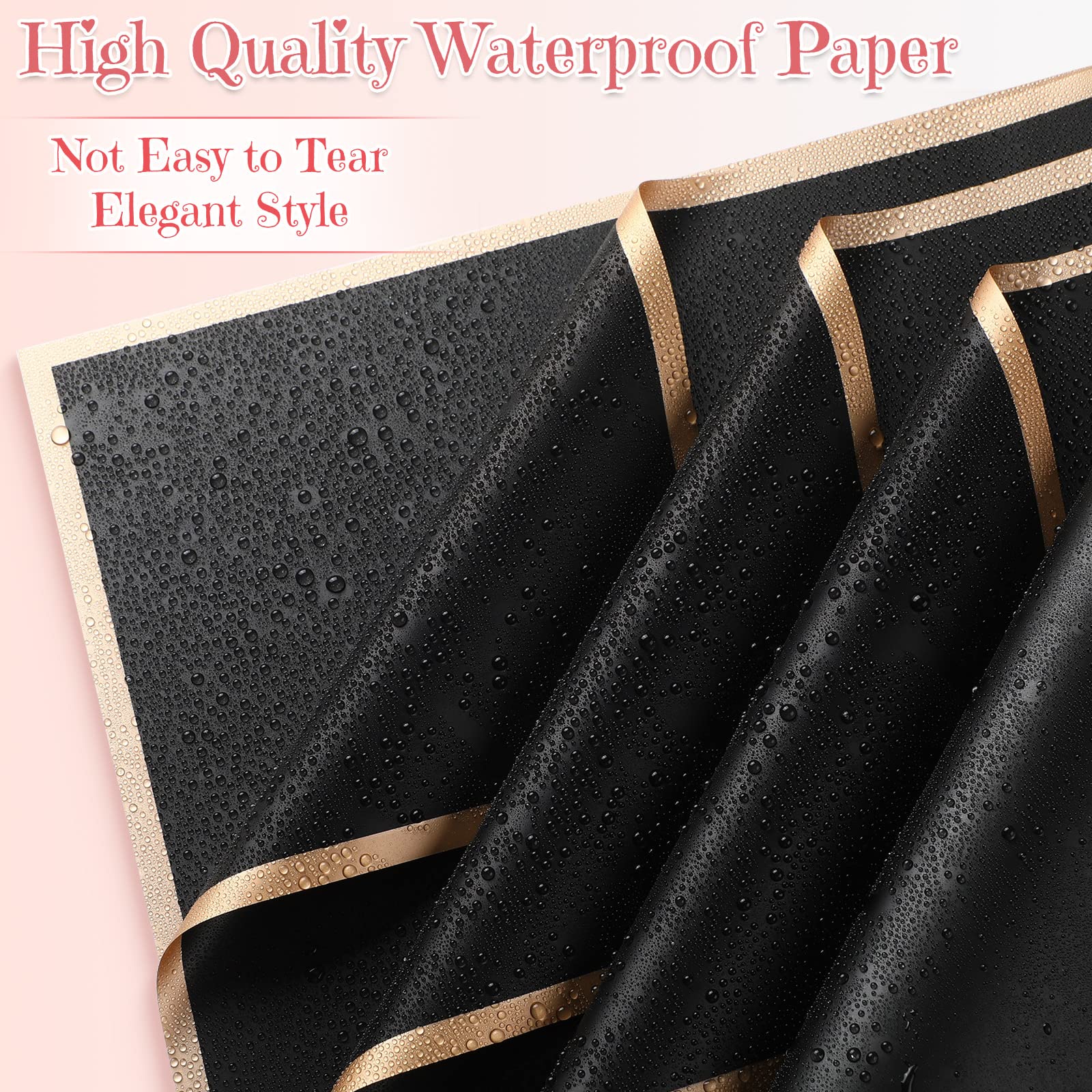 60 Sheets Waterproof Floral Wrapping Paper with Gold Edge - Korean Style Bouquet Wrap for DIY Crafts, Valentine's Day Gifts, Wedding Decorations - Perfect for Flower Arrangements, Gift Packaging & Party Decor (Black)
