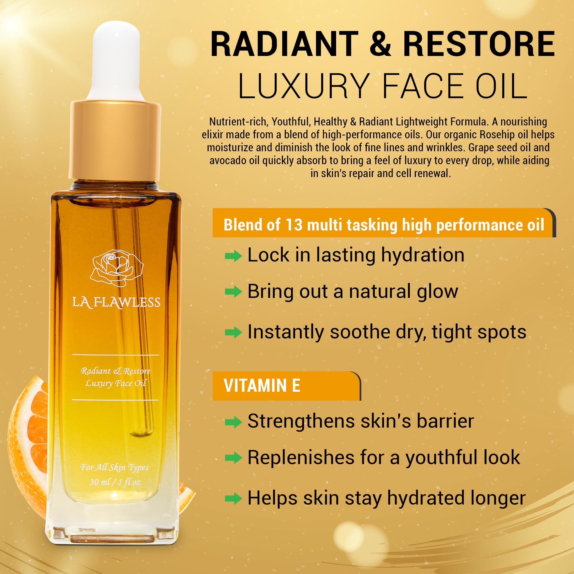 Radiant & Restore Organic Luxury Face Oil - Lightweight Moisturizing Oil for Dry Skin, Anti-Aging, Hydration & Even Skin Tone - Perfect for Night Routine & Daily Skincare Regimen