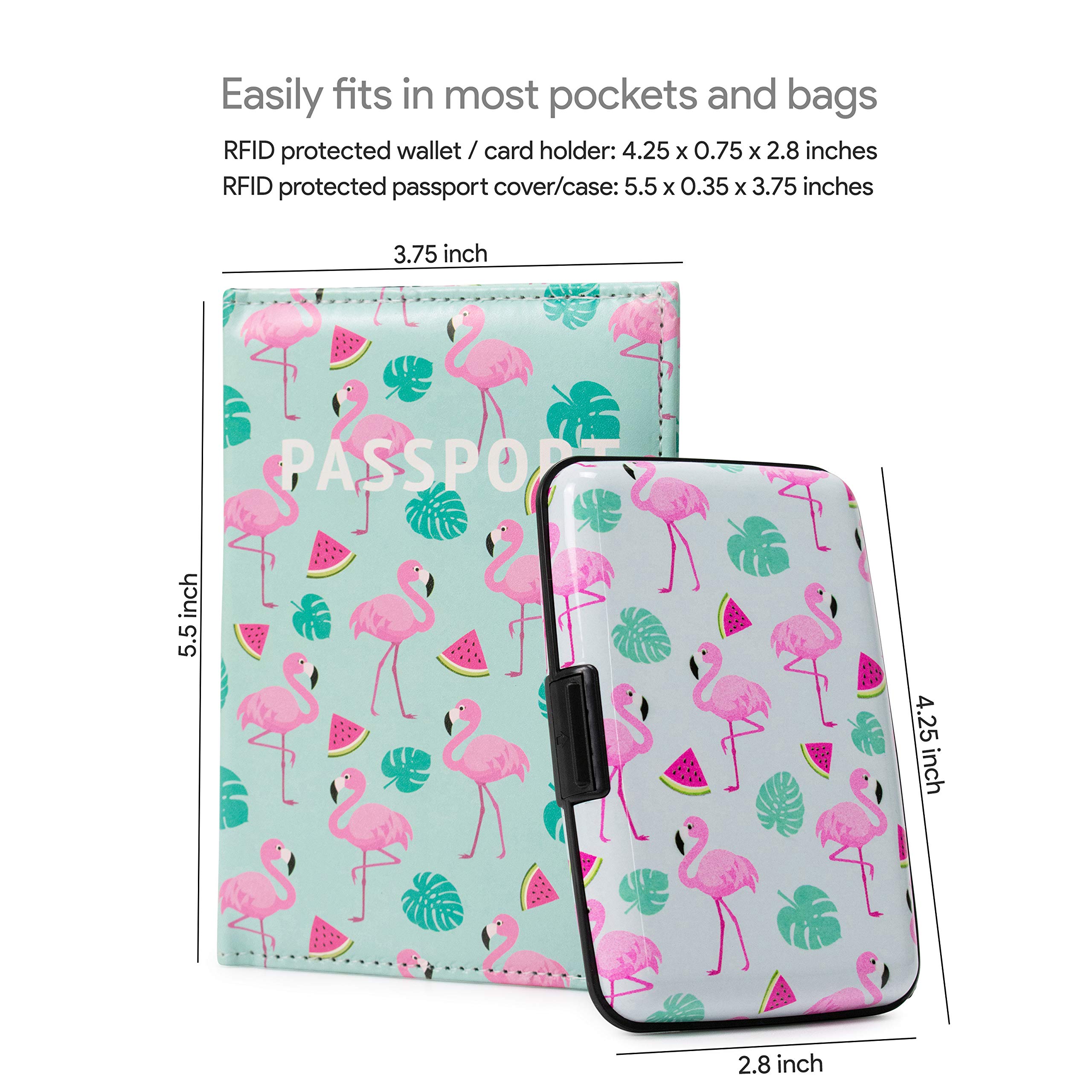 Pink Flamingo & Watermelon Plastic Wallet and Passport Holder Set - Travel Accessories for Women, Girls, Vacation & Beach Trips