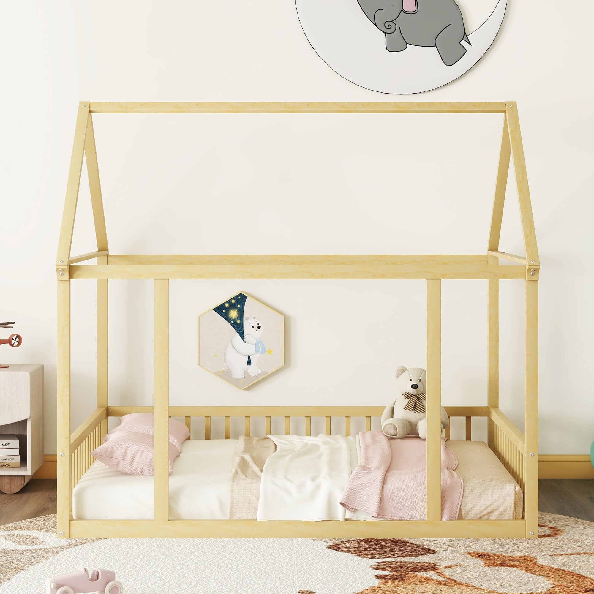 Bellemave Full Size Floor Bed for Kids - Wooden House Bed Frame with Safety Fence, Montessori Style Playhouse Bed for Boys & Girls - Perfect for Bedrooms, Playrooms & Montessori Learning Environments