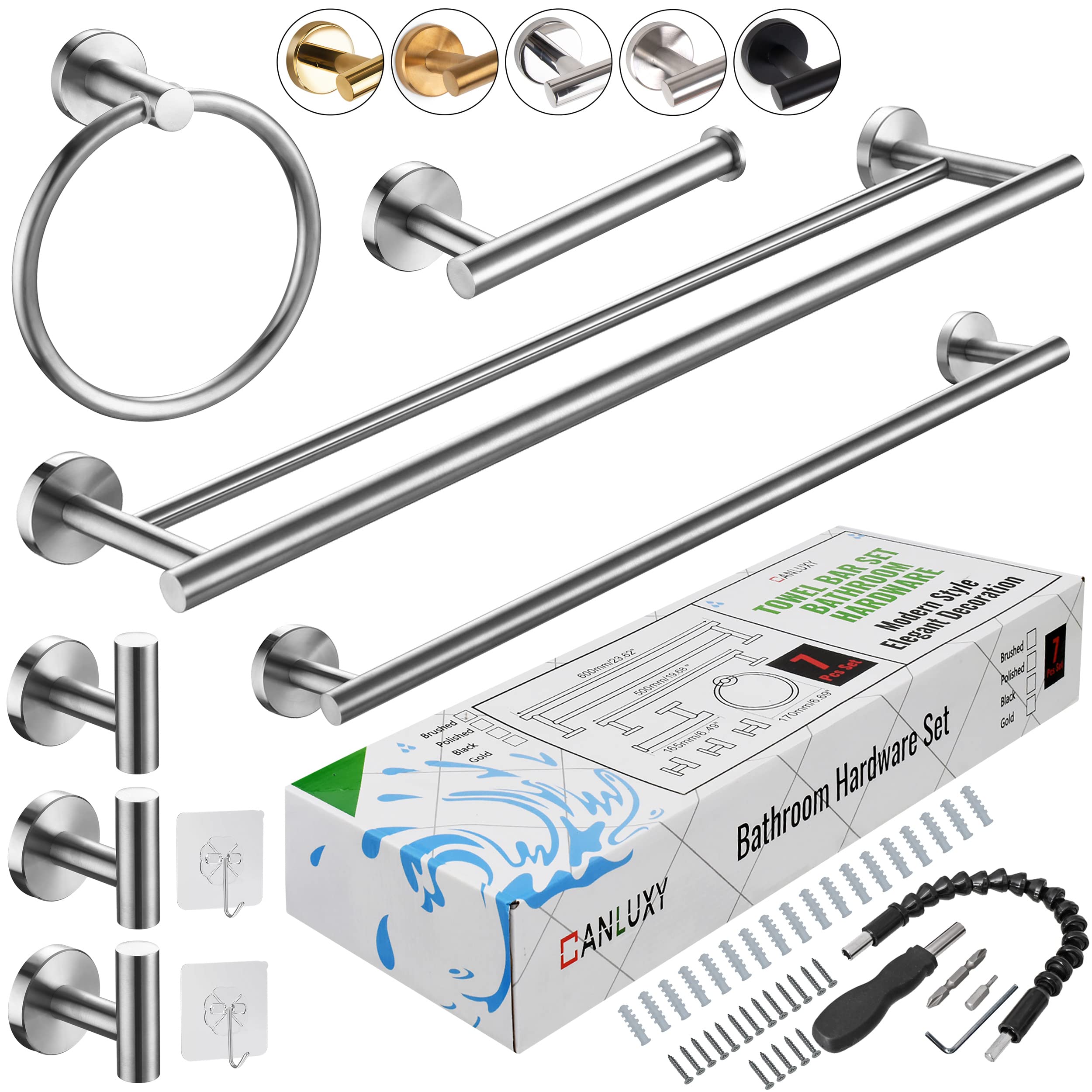 7-Piece Bathroom Hardware Set - Brushed Nickel Wall Mounted Towel Bar & Rack Set with Hooks | Bathroom Accessories for Modern Home Decor | Perfect for Showers, Bathtubs & Spa-Style Bathrooms