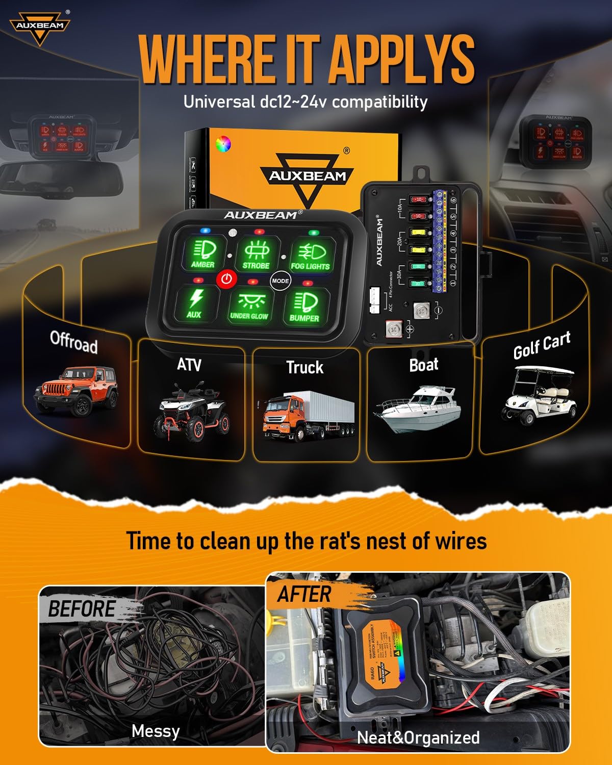 Auxbeam RGB 6 Gang Switch Panel RA60 Auto-Dimmable with Momentary Toggle & Pulsed Memory Function - 12-24V Waterproof Switch Panel for Truck, UTV, Car, Boat - Perfect for Off-Road, Marine & Automotive Customization - 2-Year Warranty