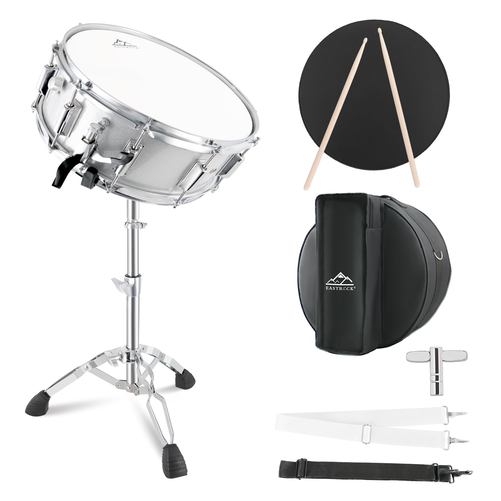EASTROCK 14x5.5 Inch Snare Drum Set for Beginners - Includes Gig Bag, Drumsticks, Stand & Keys - Coated White Drum Head - Perfect for School Band, Practice & Live Performances
