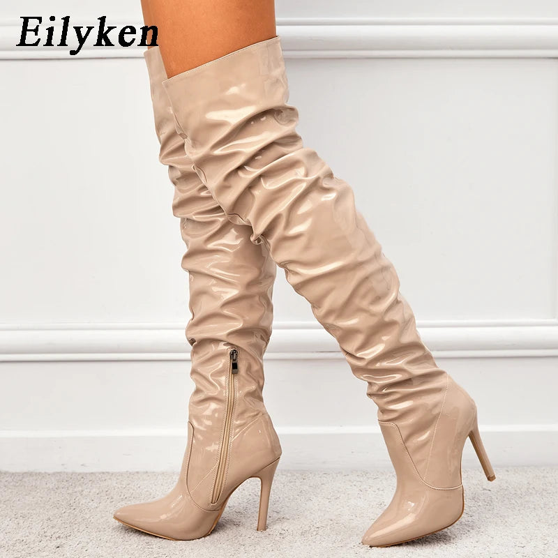 Eilyken Women's Red Over The Knee High Heel Boots - Patent Leather Pointed Toe Stiletto with Side Zipper | Fashionable Winter Boots for Party, Night Out & Date Night