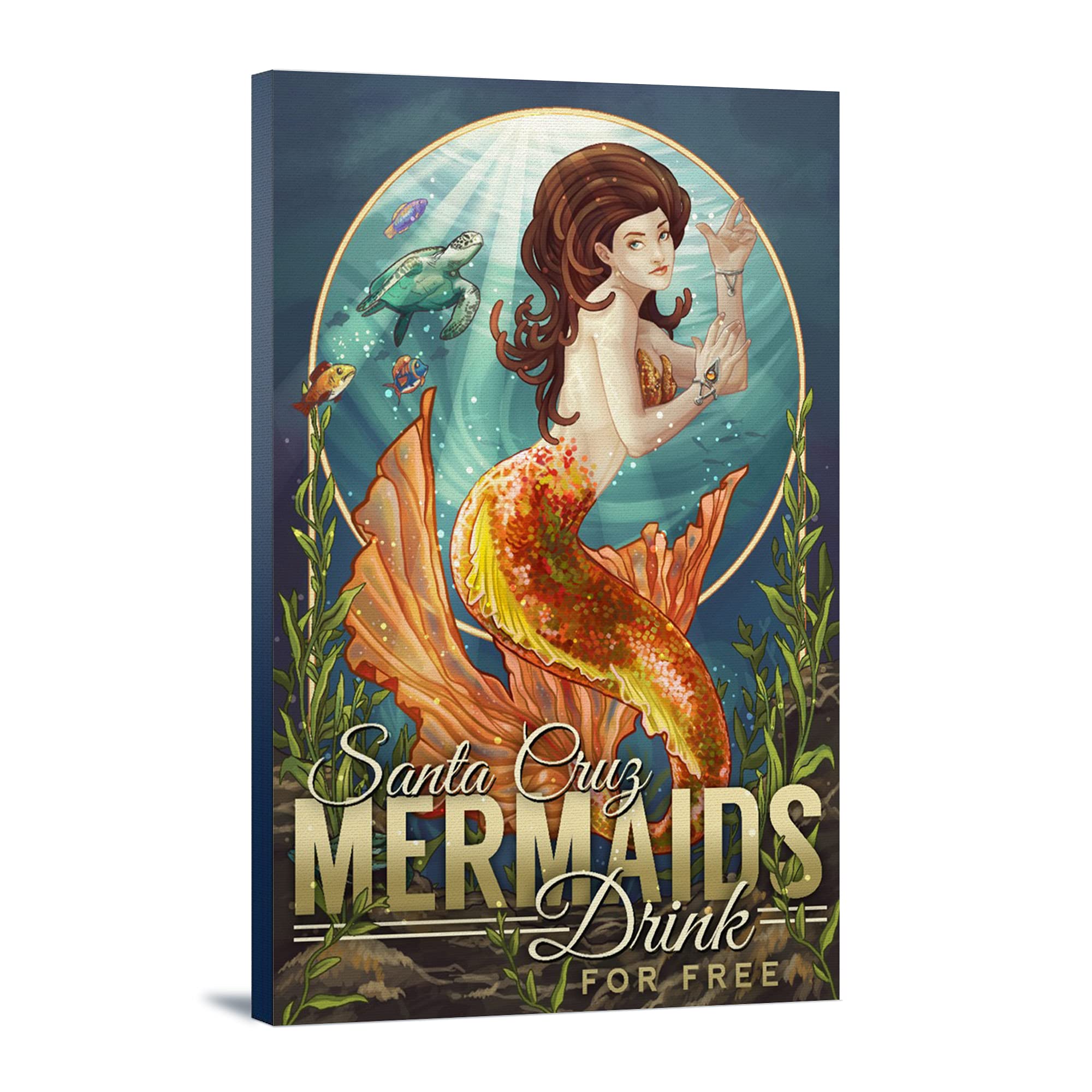 Santa Cruz California Mermaid's Drink for Free - 24x36 Gallery Wrapped Stretched Canvas Wall Art - Perfect for Beach House Decor, Living Room, Bedroom & Office