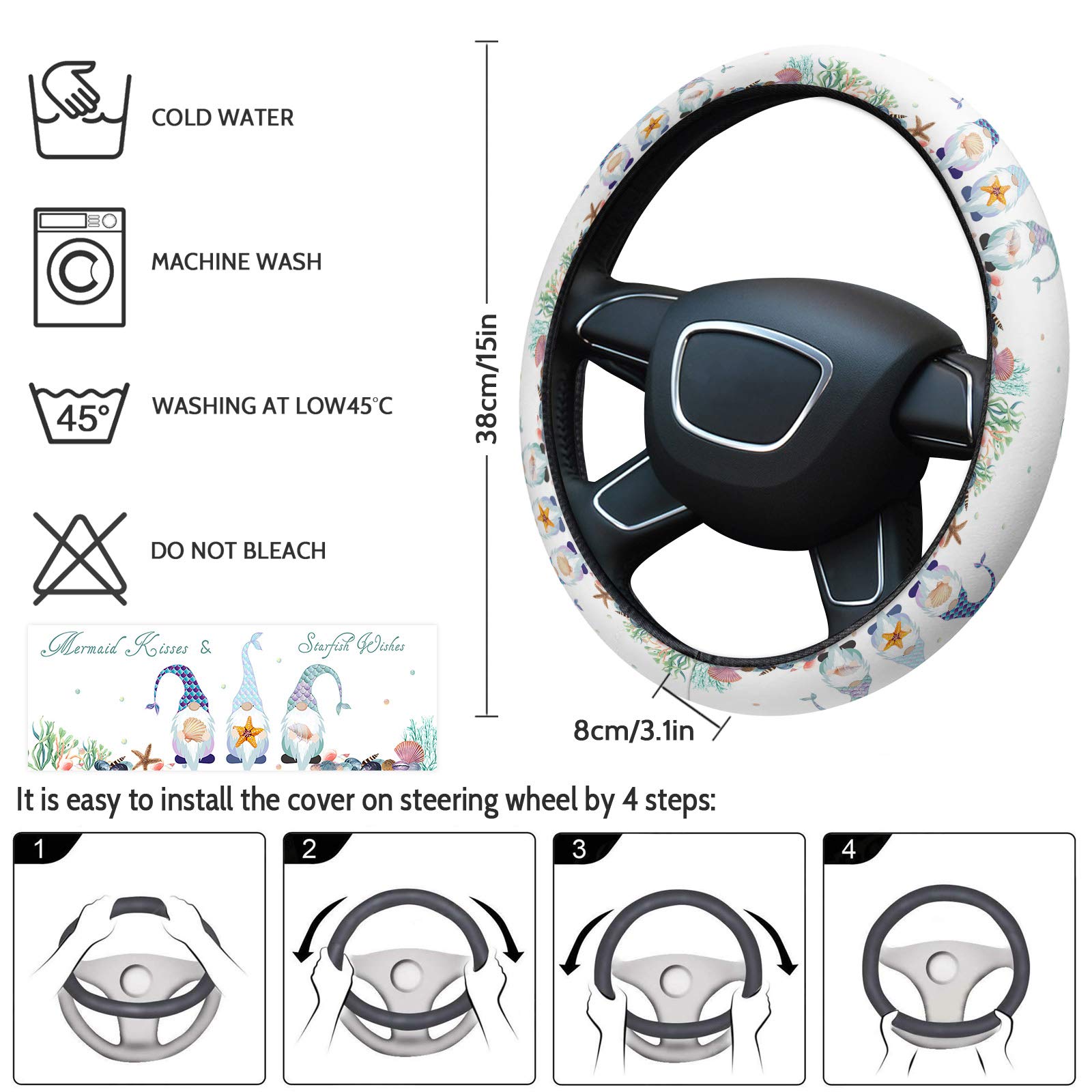 Premium Custom Universal Quick Release Steering Wheel Cover for Women & Men - Ocean Mermaid Gnome & Tropical Starfish Design - 15 Inch Car Steering Protector for Truck, Auto, SUV - Perfect for Road Trips & Daily Commutes