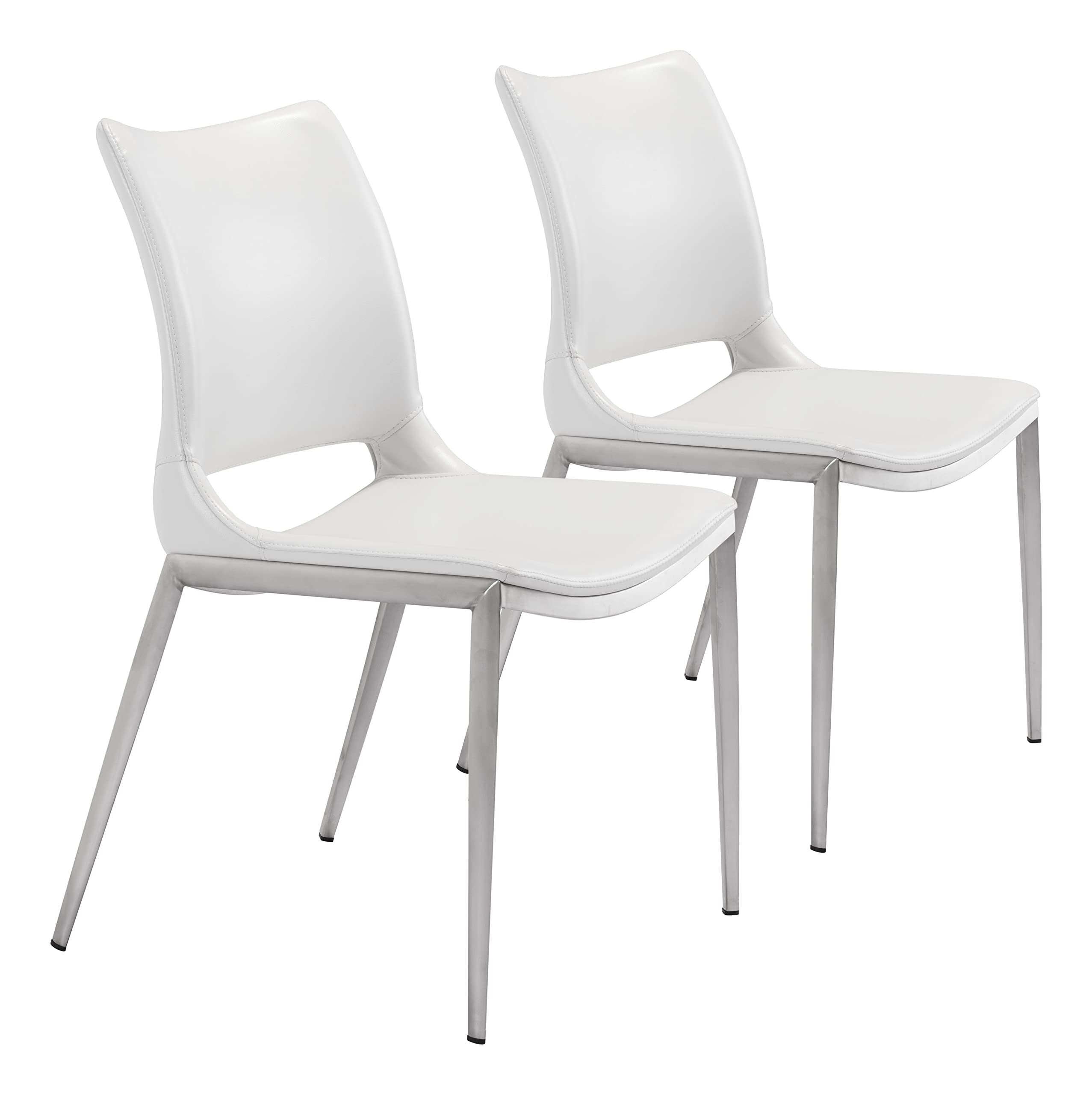 Ace Modern Dining Chairs (Set of 2) - White & Silver Metal Frame - Comfortable Kitchen Chairs for Dining Room, Breakfast Nook, or Small Space