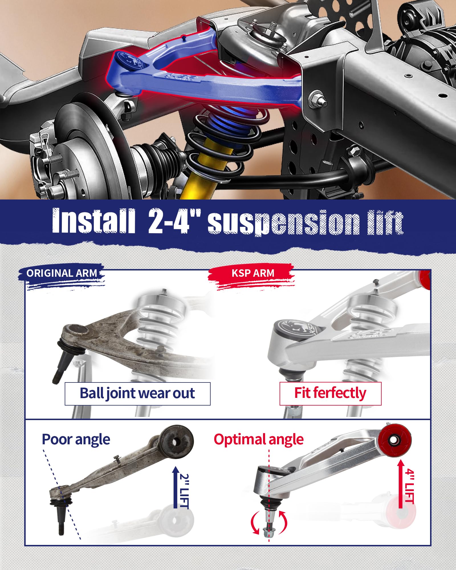 KSP Forged Upper Control Arm for Chevy Silverado & GMC Sierra 1500 (2007-2018) - 2pc Adjustable Front Aluminum Control Arms (2-4
