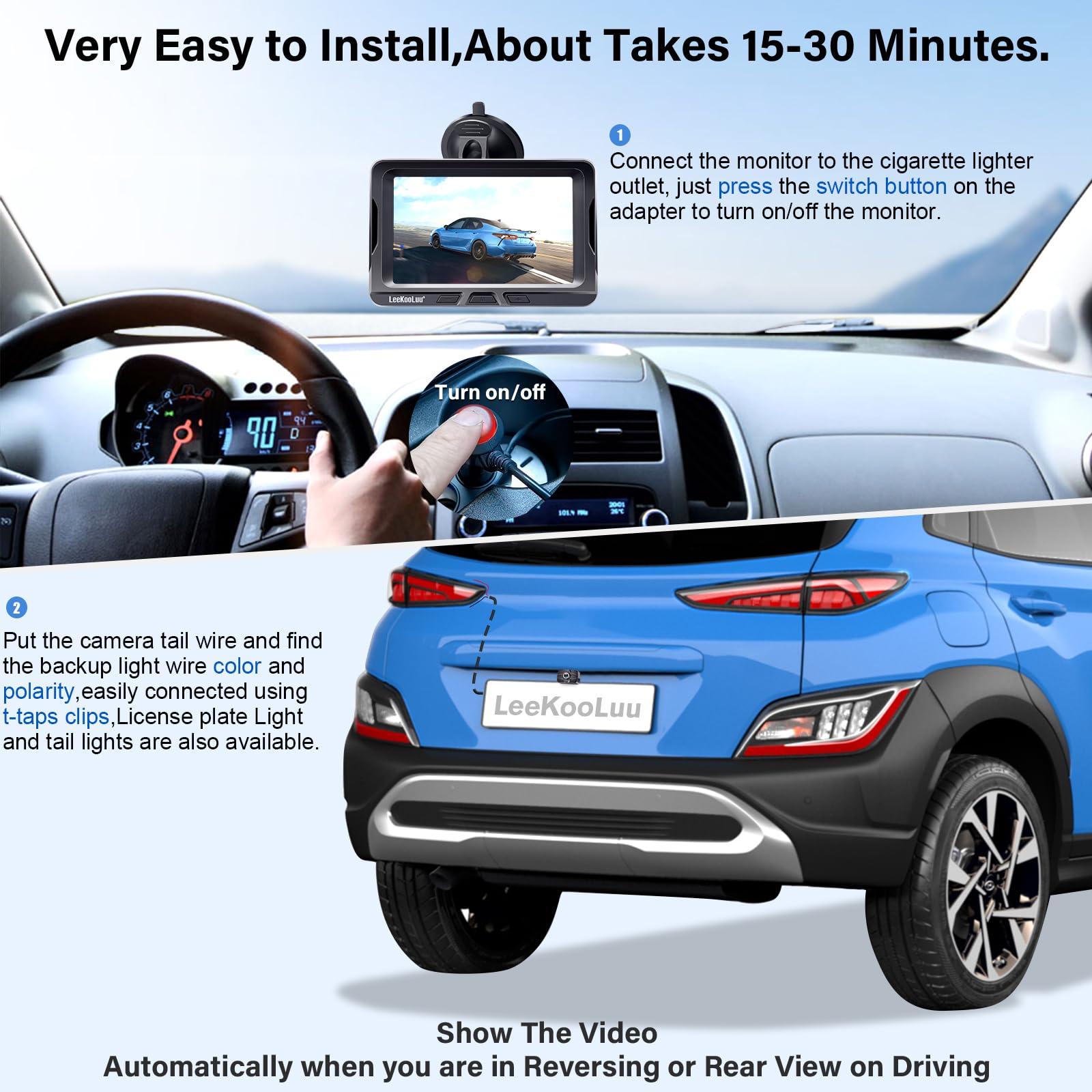 LK2 Wireless Backup Camera - 5 Inch HD 1080P Monitor with Stable Digital Signal & No Delay, Bluetooth Rear View Camera with Auto-Switching & Night Vision for Trucks, Cars, Pickups, SUVs, Campers - Easy Installation for Safe Parking & Reversing