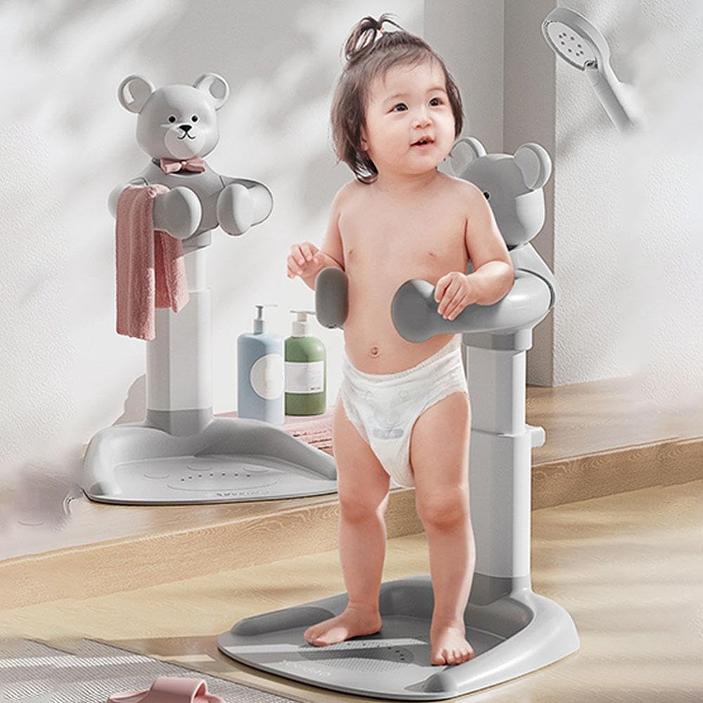 Adjustable Baby Shower Stand with Anti-Slip Base | Toddler Bath Tower for 6-18 Months | Safe Standing Support with Handle | Free Mother's Hands | Perfect for Bath Time Safety & Independent Toddler Learning