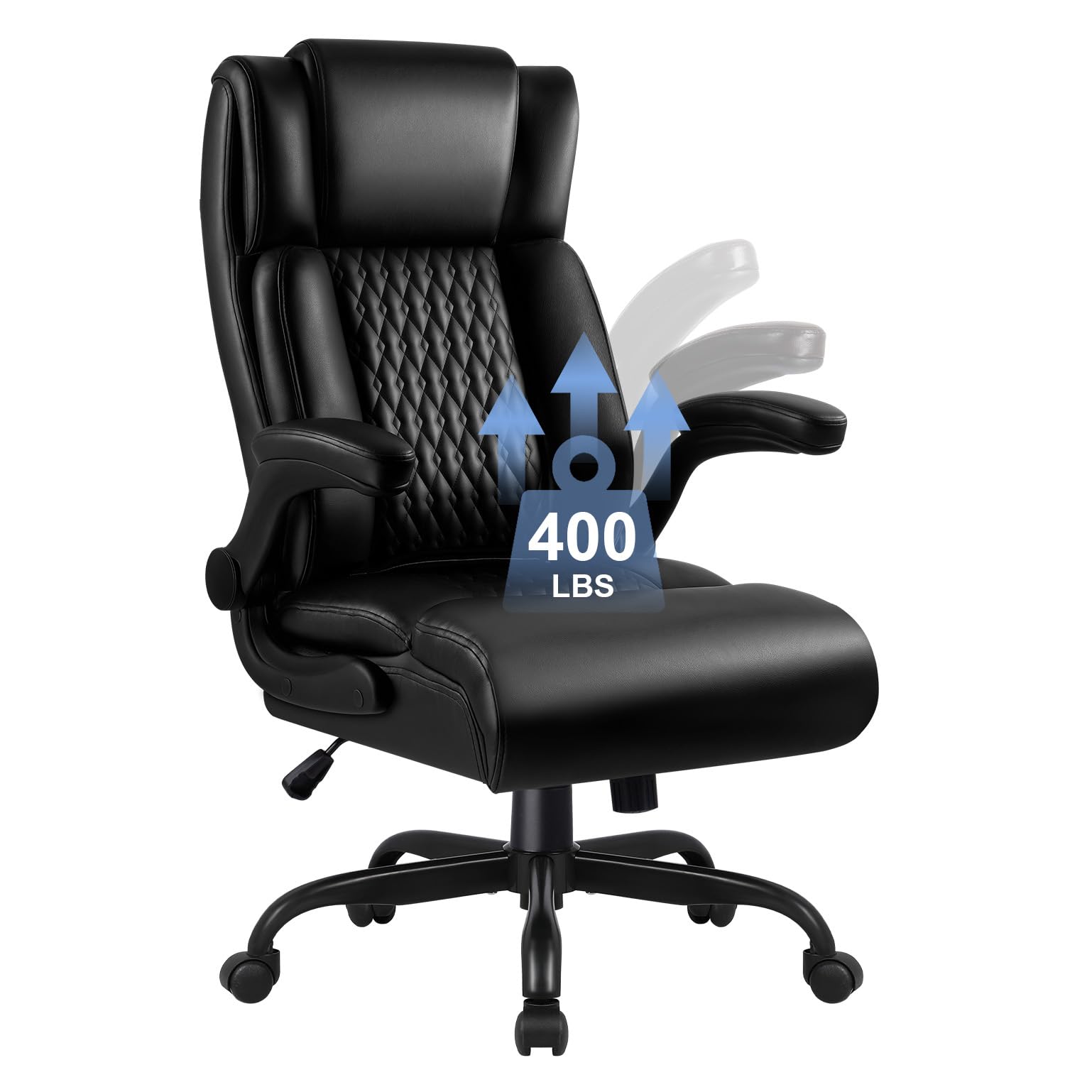 Big and Tall Office Chair - Heavy Duty Ergonomic Leather Computer Desk Chair with Flip-Up Armrests & Lumbar Support - 400 lbs Weight Capacity - Perfect for Home Office, Gaming, and Executive Workspaces