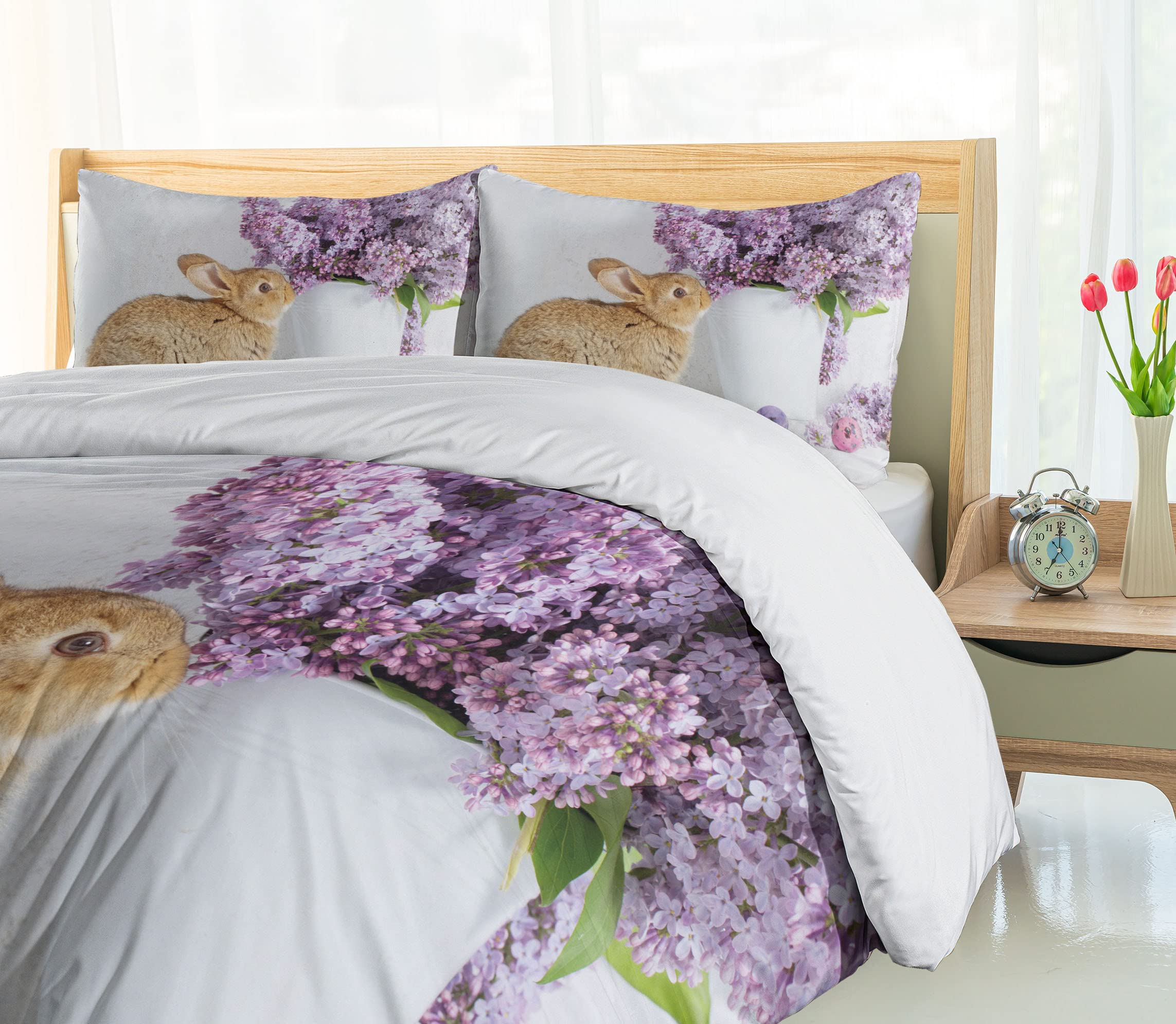 Ambesonne Easter Bunny Duvet Cover Set - King Size 3-Piece Bedding with Floral Rabbit Design & 2 Pillow Shams | Brown Easter Decor with Lilac Flowers & Dyed Eggs | Perfect for Spring Bedroom Decor, Easter Gift & Holiday Home Styling