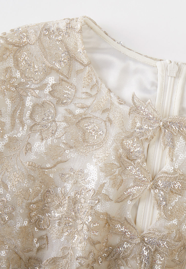 Elegant Double Keyhole Lurex Embroidered Mesh Party Dress - Perfect for Evening Events, Cocktail Parties & Special Occasions