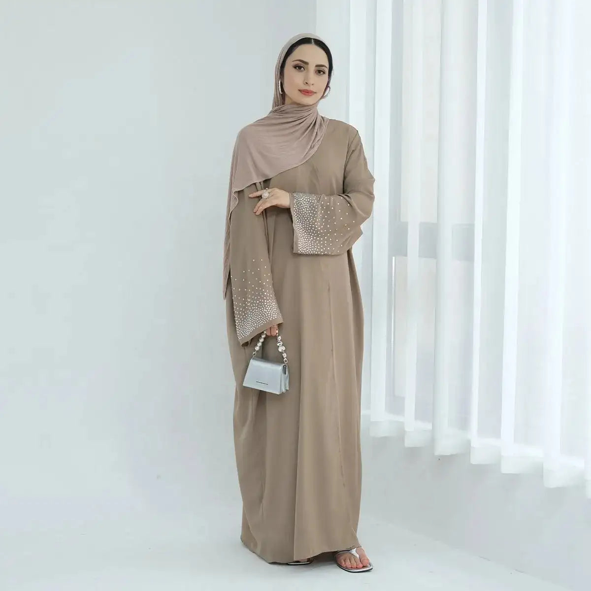 Hotfix Rhinestone Sleeve Nida Cardigan Open Abaya Dress for Women - Elegant Embellished Long Cover Up for Parties, Weddings & Special Occasions
