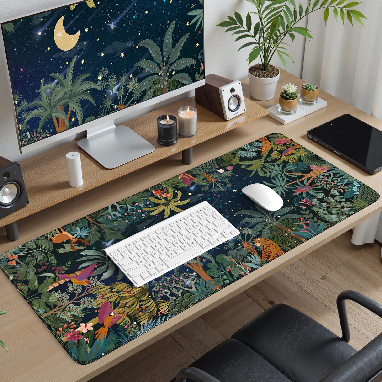 iCasso Midnight Jungle XXL Mouse Pad - Non-Slip Desk Mat with Stitched Edges for Computer, Keyboard & Gaming - Perfect for Office, Home & Gaming Setup (Night Jungle Design)