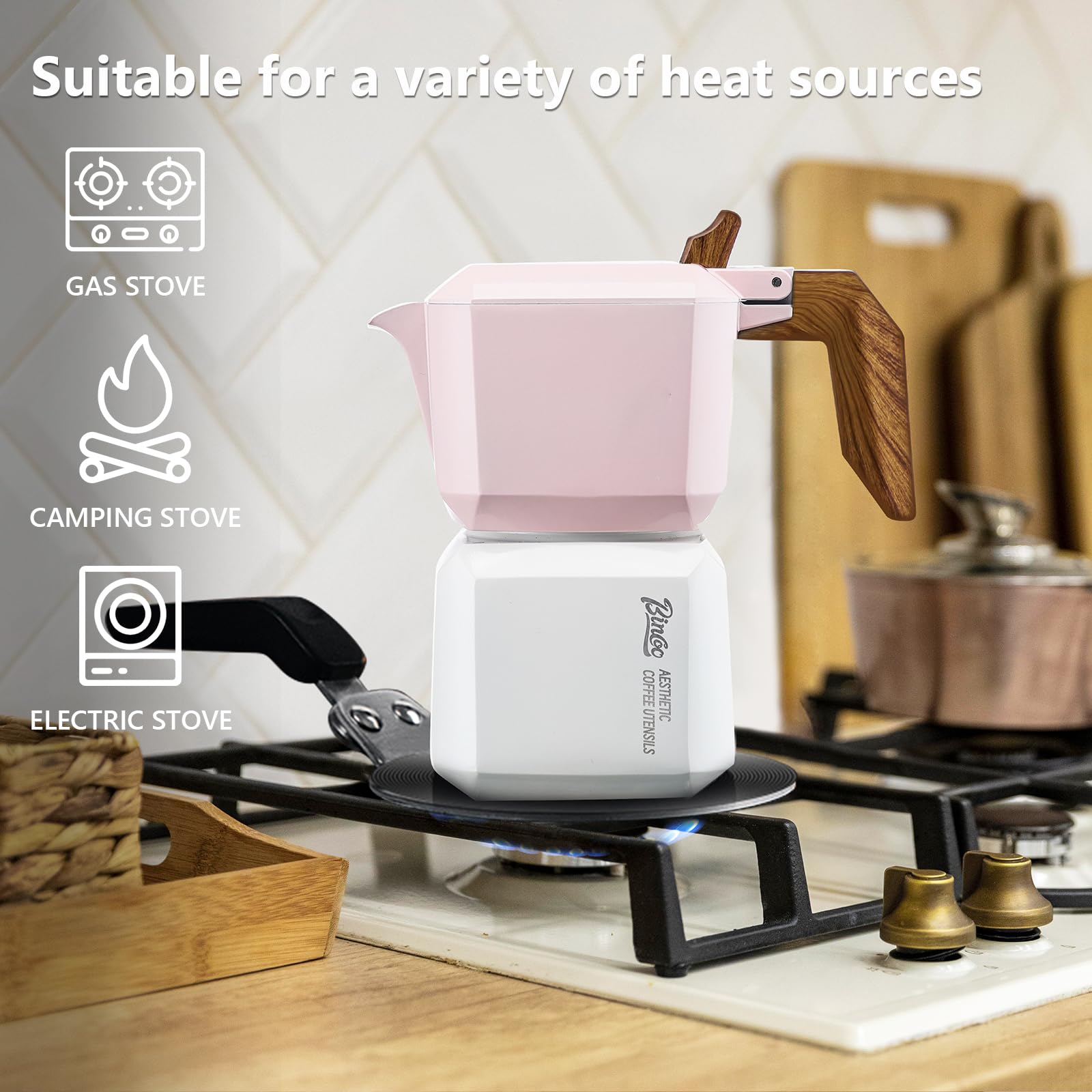 Bincoo 2-Cup Stovetop Espresso Maker - Italian Moka Coffee Pot with Double Valve & Filter Paper, 120ML/4oz (Pink-White) - Perfect for Home Brewing, Camping & Gifts