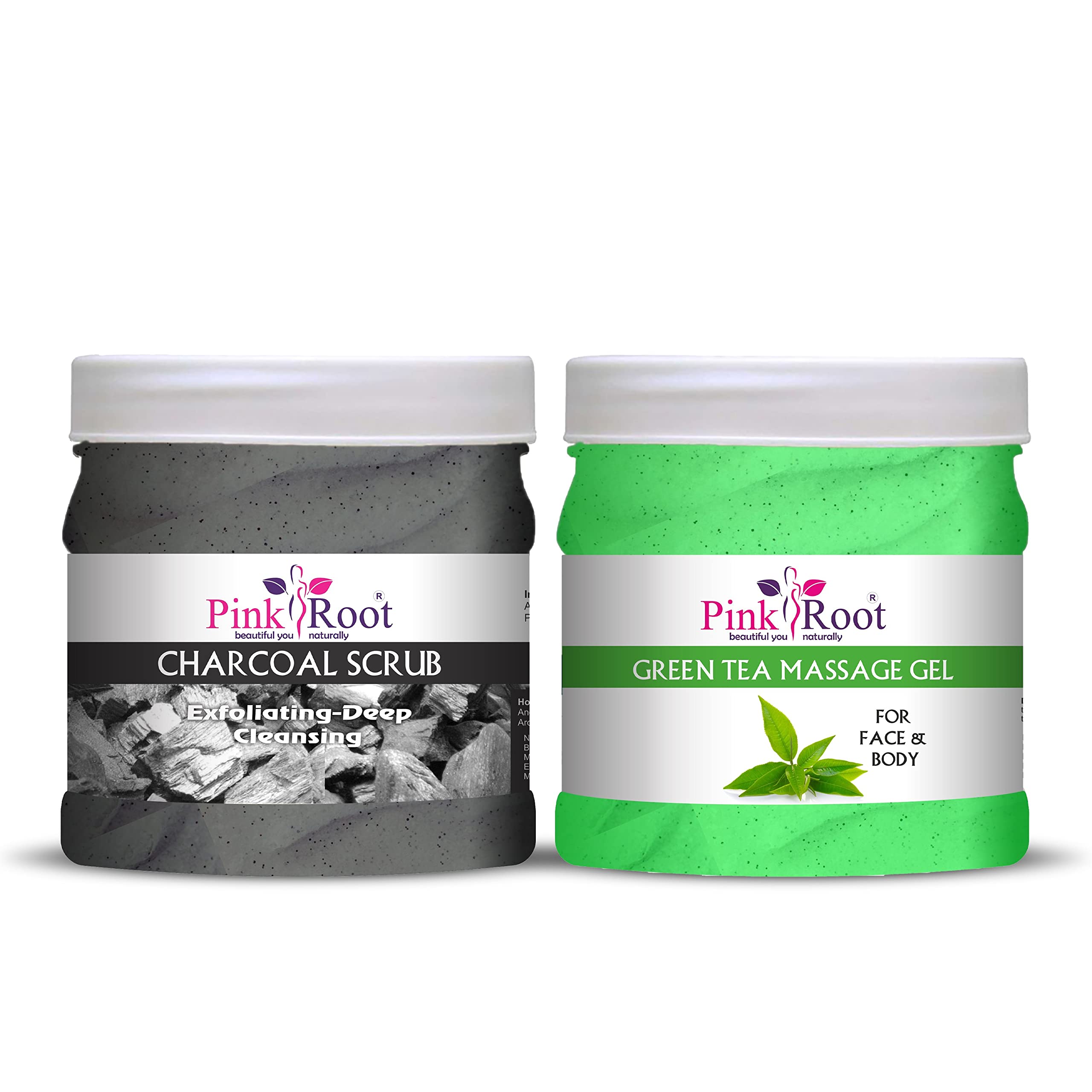 Pink Root Green Tea Massage Gel & Charcoal Scrub Set - 500ml Each for Relaxation & Deep Cleansing | Perfect for Spa Day & Skincare Routine