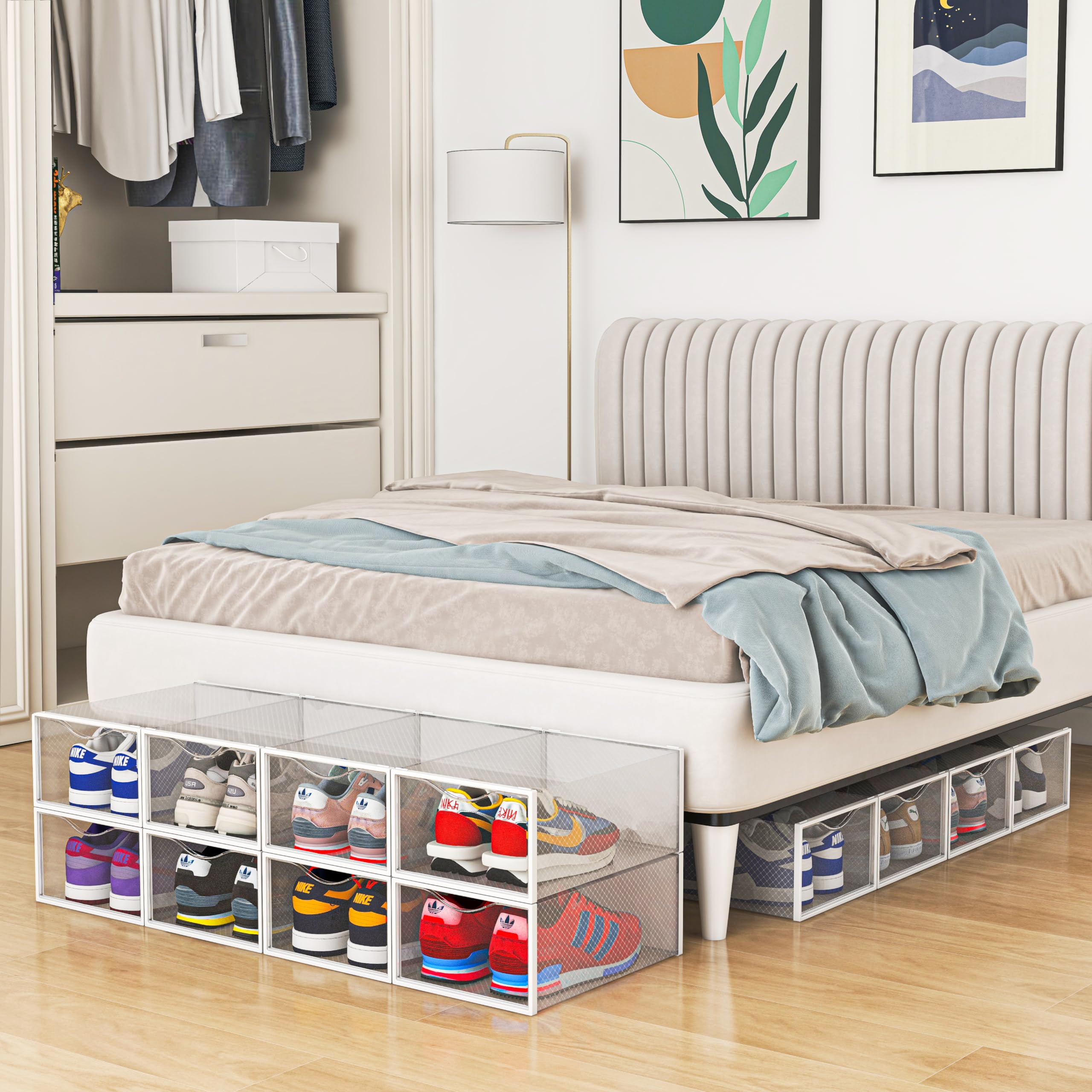 12 Pack Clear Plastic Stackable Shoe Storage Bins - Foldable Shoe Organizer for Closet & Sneaker Holder | Space Saving Shoe Box Container for Home, Office & Dorm Organization