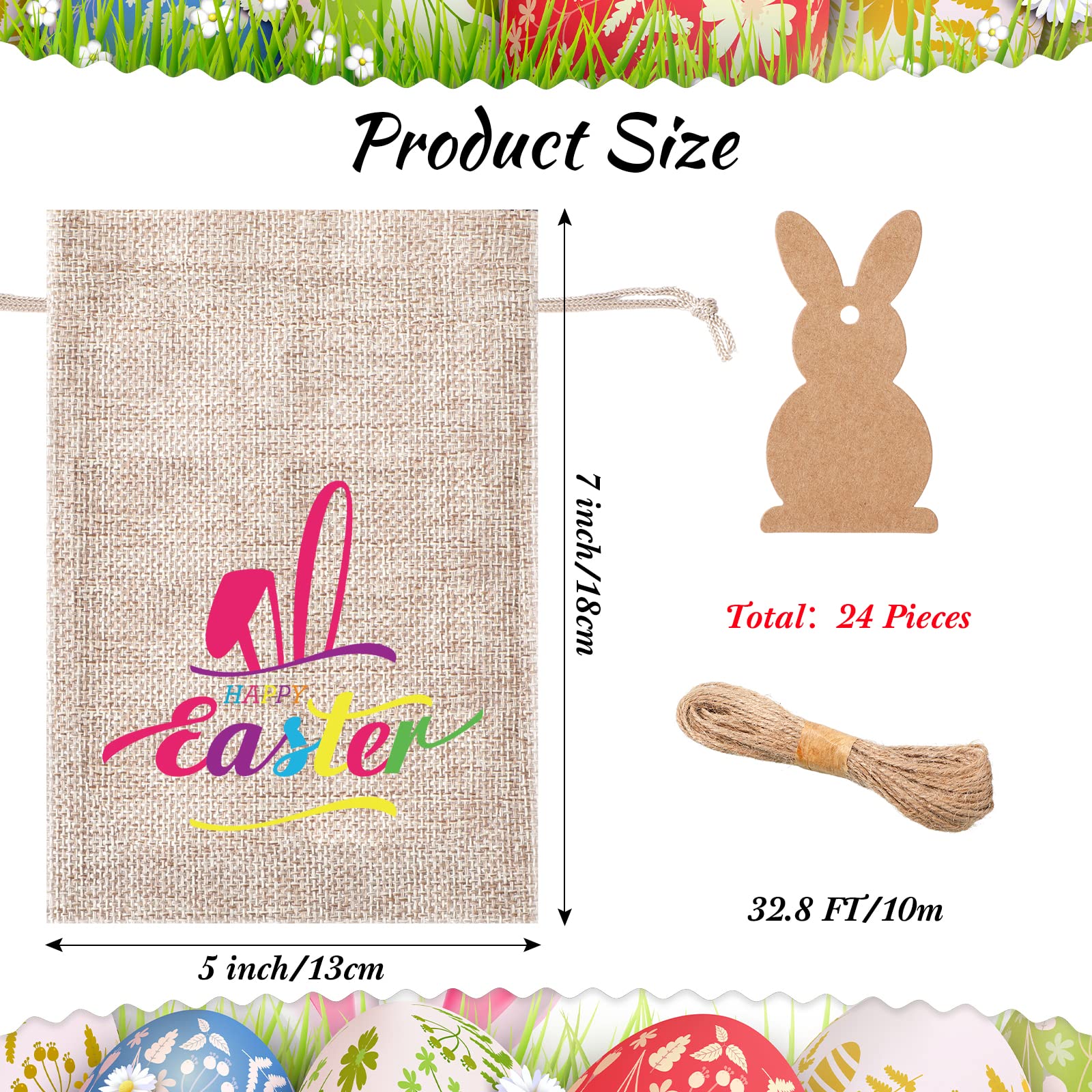 Shappy 24-Piece Easter Burlap Drawstring Gift Bags - Reusable Bunny Linen Favor Bags with Double Jute Strings - Classic Style Easter Party Favors, Egg Hunt Treats & Spring Decorations