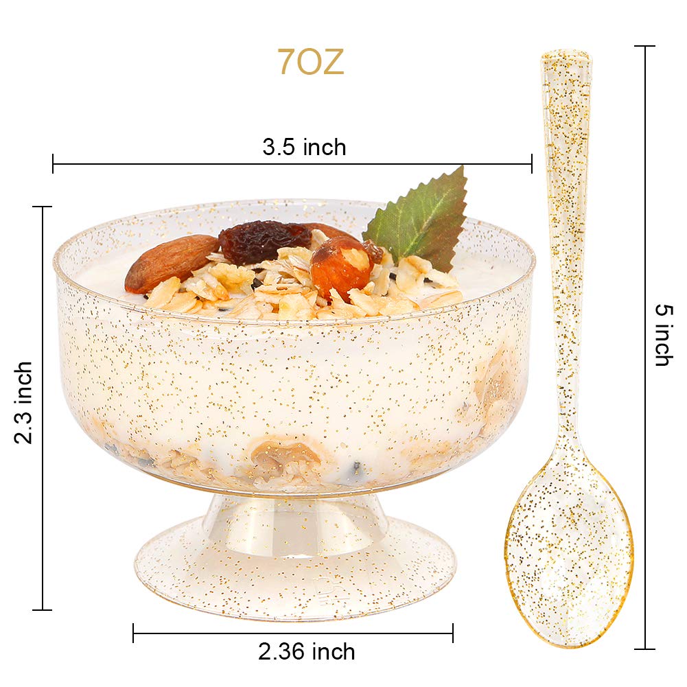 48-Pack 7oz Gold Glitter Plastic Dessert Cups with Spoons - Disposable Gold Party Plates, Silverware & Cups for Birthday, Wedding, Baby Shower & Holiday Events