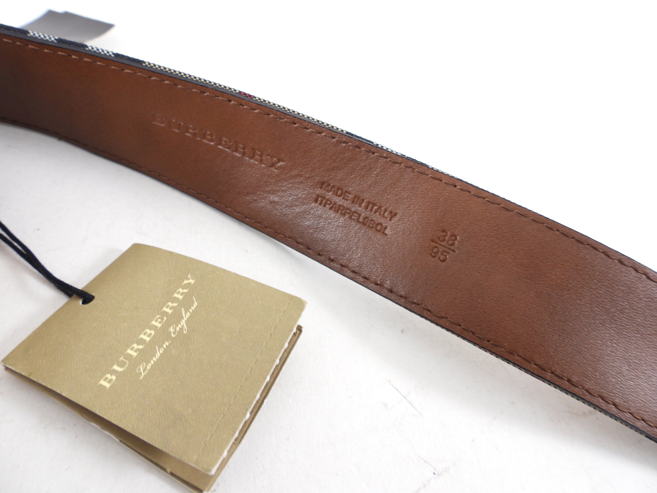 Burberry Brass Buckle Check and Tan Leather Belt for Men - 95/36 Size - Classic Luxury Accessory for Office, Casual & Formal Wear