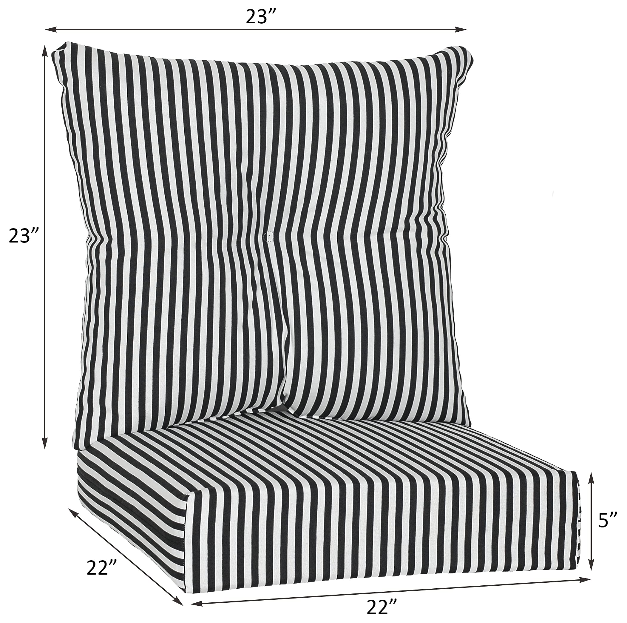 Outdoor/Indoor 2-Piece Patio Cushion Set - 22x22x5in Seat & 23x23x7in Back Cushion - Trapeze Stripe Black/White - Perfect for Garden, Balcony, and Poolside Lounging