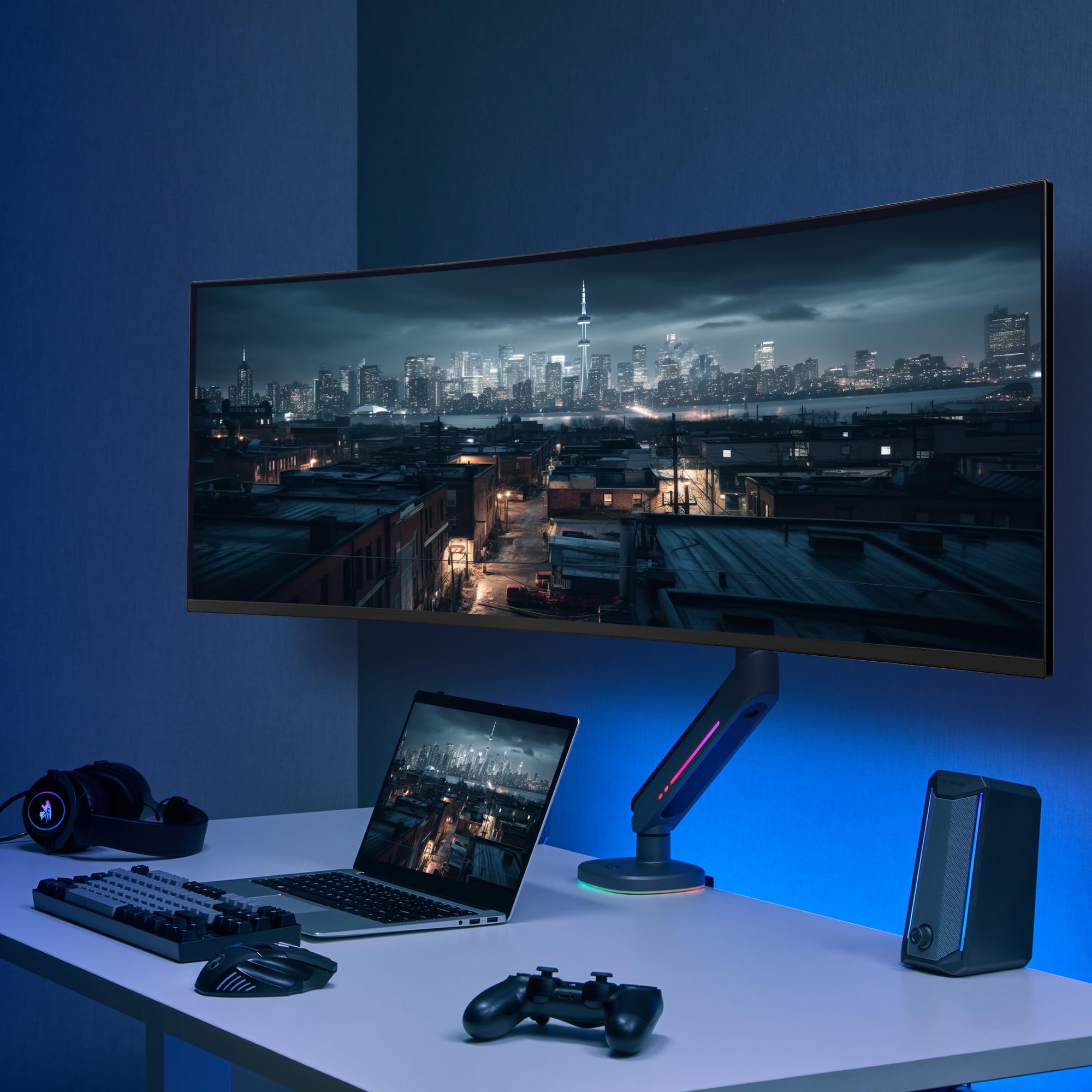 AVLT Single 27”-45” RGB Gaming Monitor Arm Desk Mount with 20 Lighting Modes & Touch Control - Adjustable Height, Swivel, Tilt for Flat/Curved/Ultrawide Screens - Dark Gray | Perfect for Gaming Setup, Home Office & Workstation Ergonomics