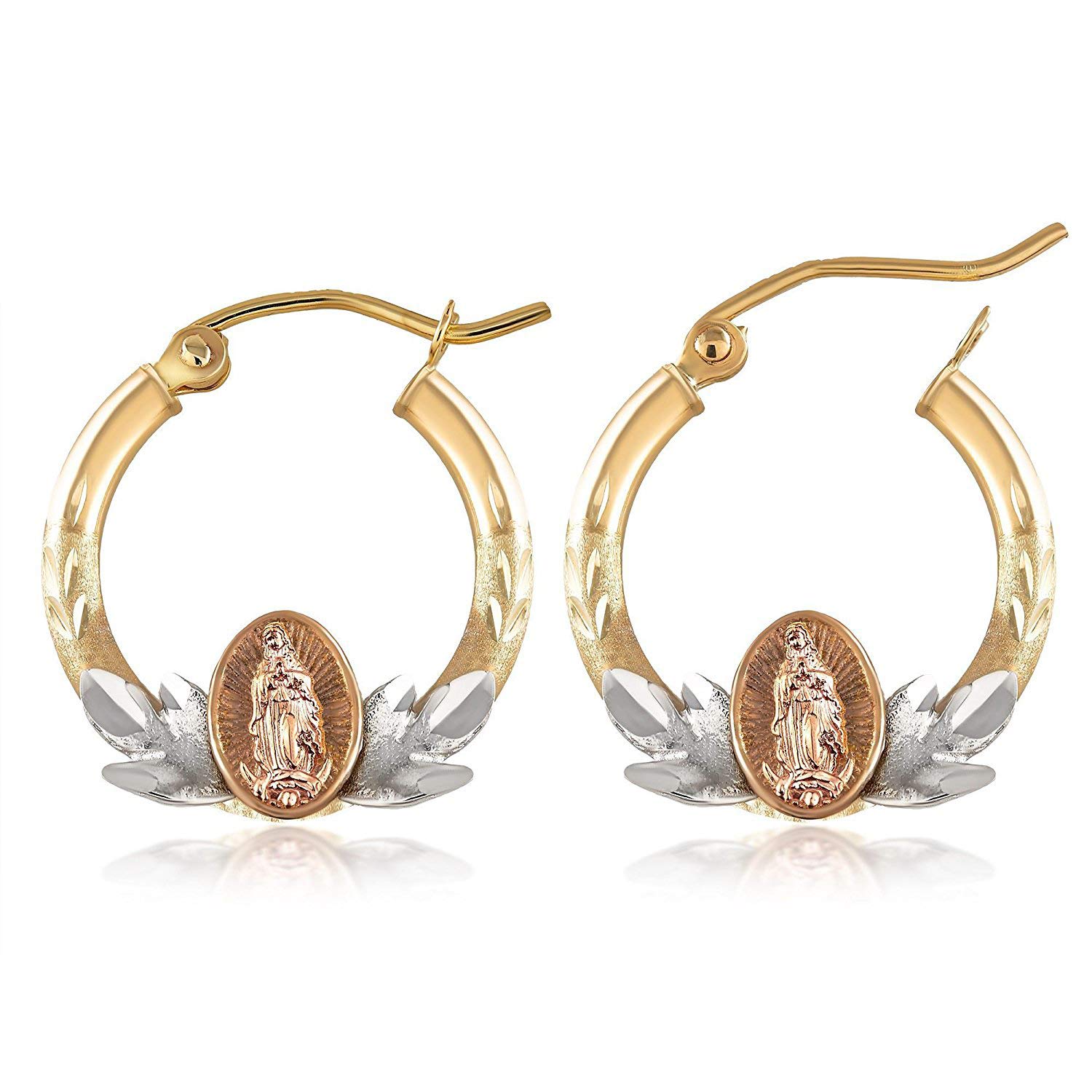 14K Gold Virgin Mary Hoop Earrings for Women - Tri-Color Yellow White Rose Gold Religious Jewelry Gift - Elegant Mother's Day Present - Perfect for Church, Weddings & Special Occasions