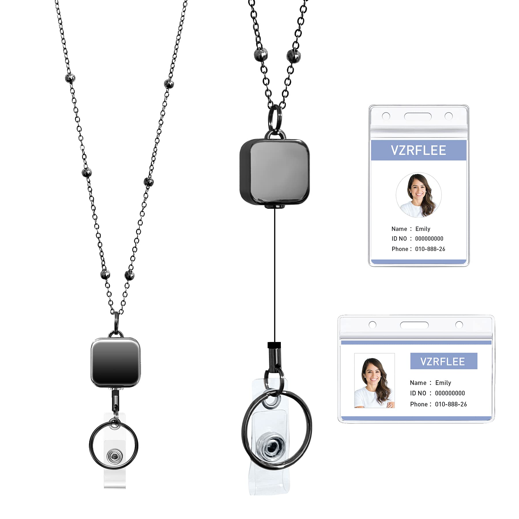 Retractable ID Badge Lanyard with Holder - Stainless Steel Beaded Chain for Office & Cruise