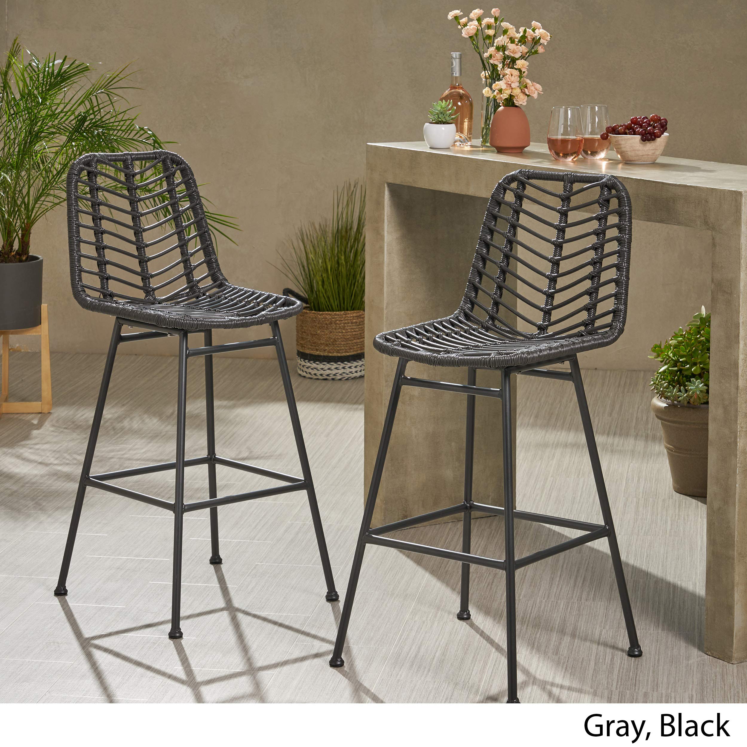 Premium Outdoor Wicker Bar Stools Set of 2 - Gray & Black Weather-Resistant Patio Furniture for Backyard, Poolside & Garden Seating