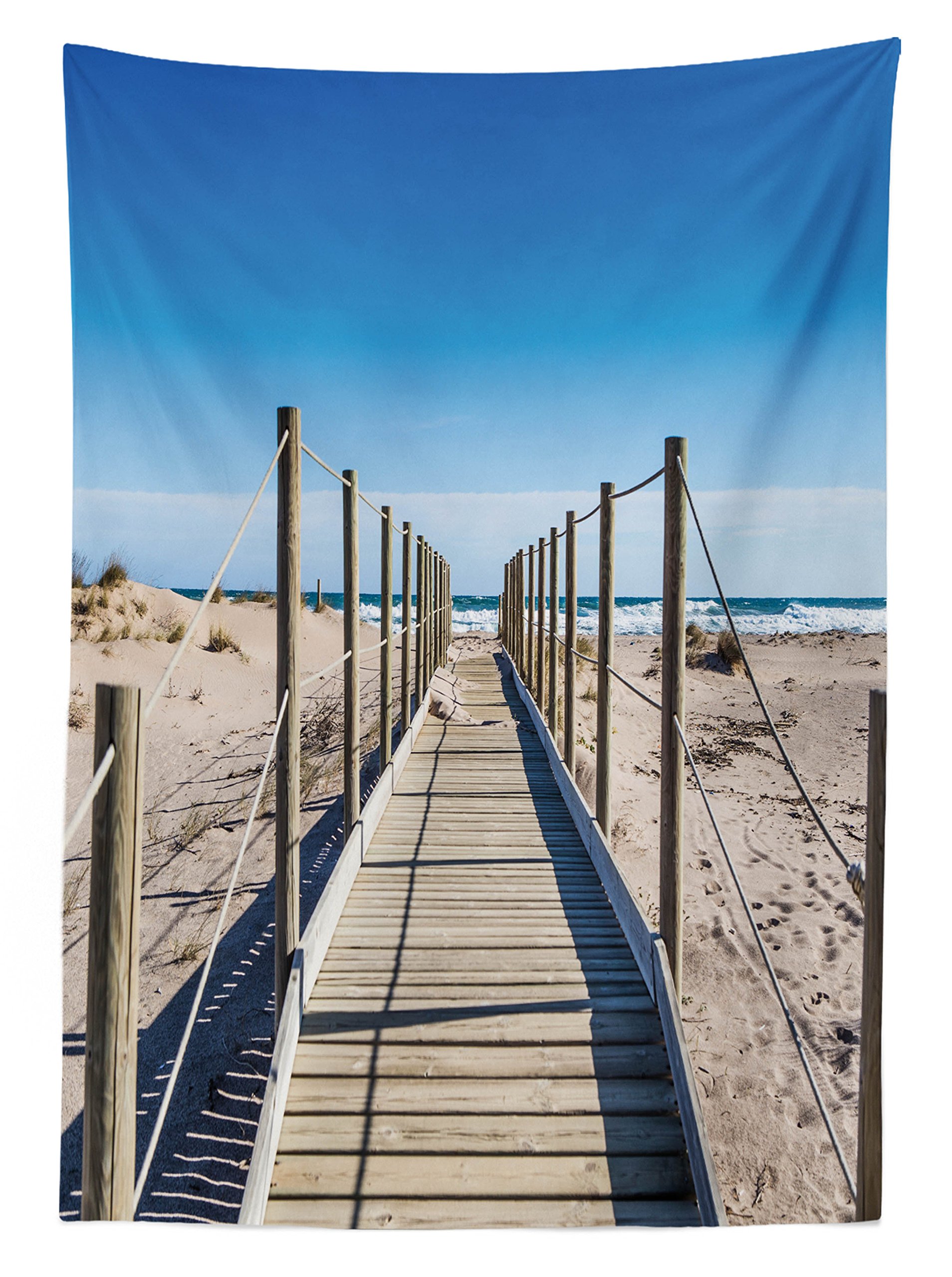Ambesonne Waterproof Beach Tablecloth - 58x104 Inch Cream Blue Mediterranean Design for Outdoor Picnics, Dining & BBQs - Washable Sandproof Blanket for Poolside, Garden & Patio Parties