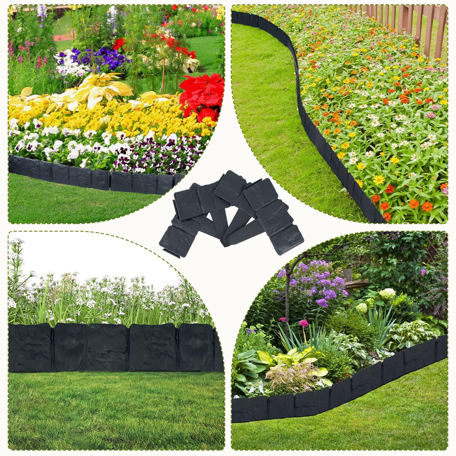 16 FT No Dig Landscape Edging - Imitation Stone Effect Garden Border for Flower Beds & Lawn (Black-20) | Durable Outdoor Yard Decor for Landscaping & Garden Design