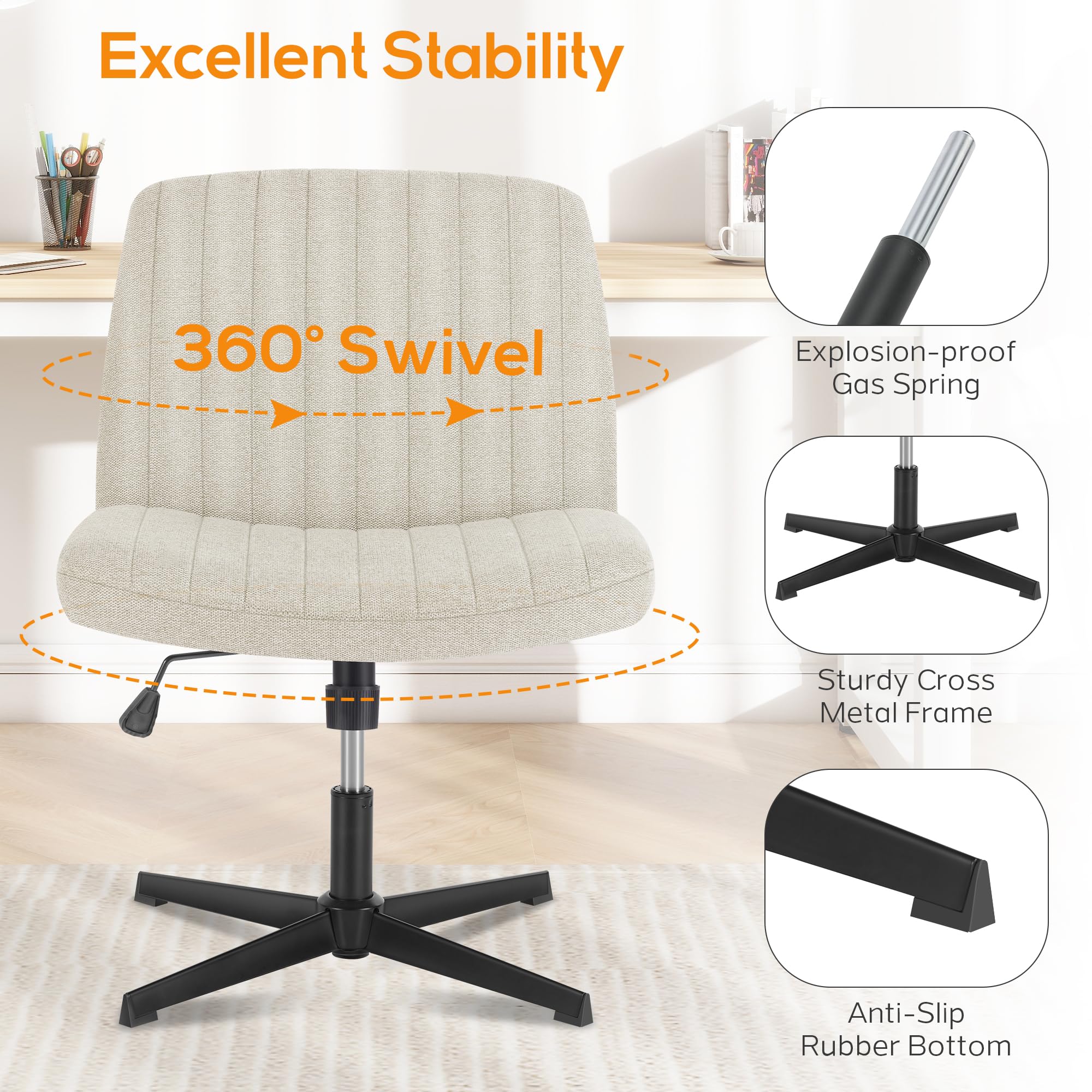 DUMOS Criss Cross Chair - Armless Office Desk Chair with Adjustable Height, No Wheels, Comfortable Task Seating for Home & Office - Perfect for Computer Work, Vanity Desk, and Study Areas