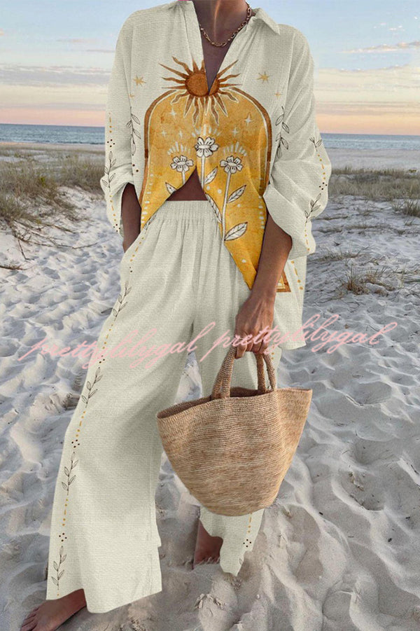 Sunflower Print Oversized Shirt & Elastic Waist Pocket Pants Set for Women - Casual Loungewear, Summer Outfits, and Vacation Wear