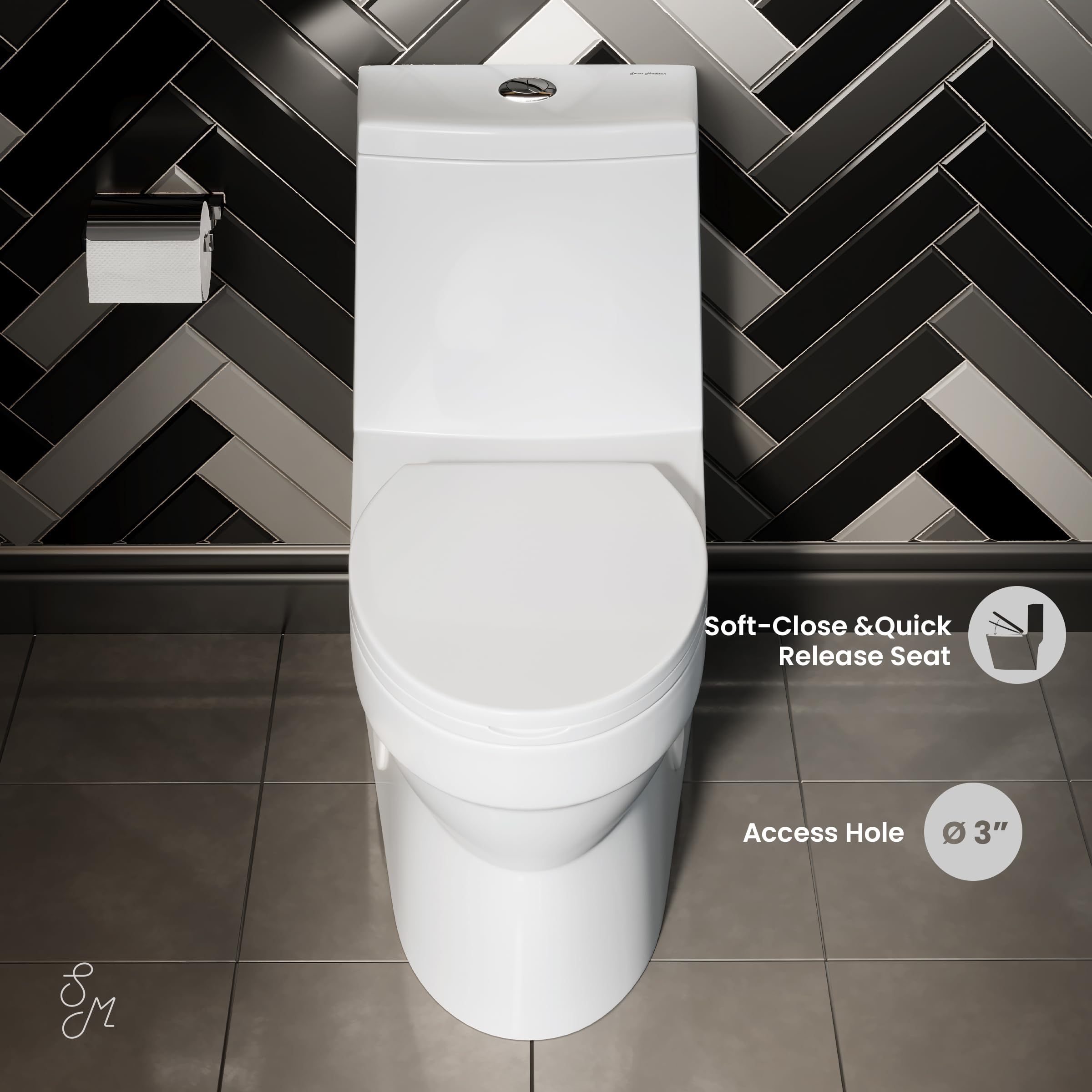 Swiss Madison SM-1T118 Virage One Piece Elongated Dual Flush Toilet 0.8/1.28 GPF - High Efficiency Water Saving Design - Glossy White - Perfect for Modern Bathrooms & Small Spaces